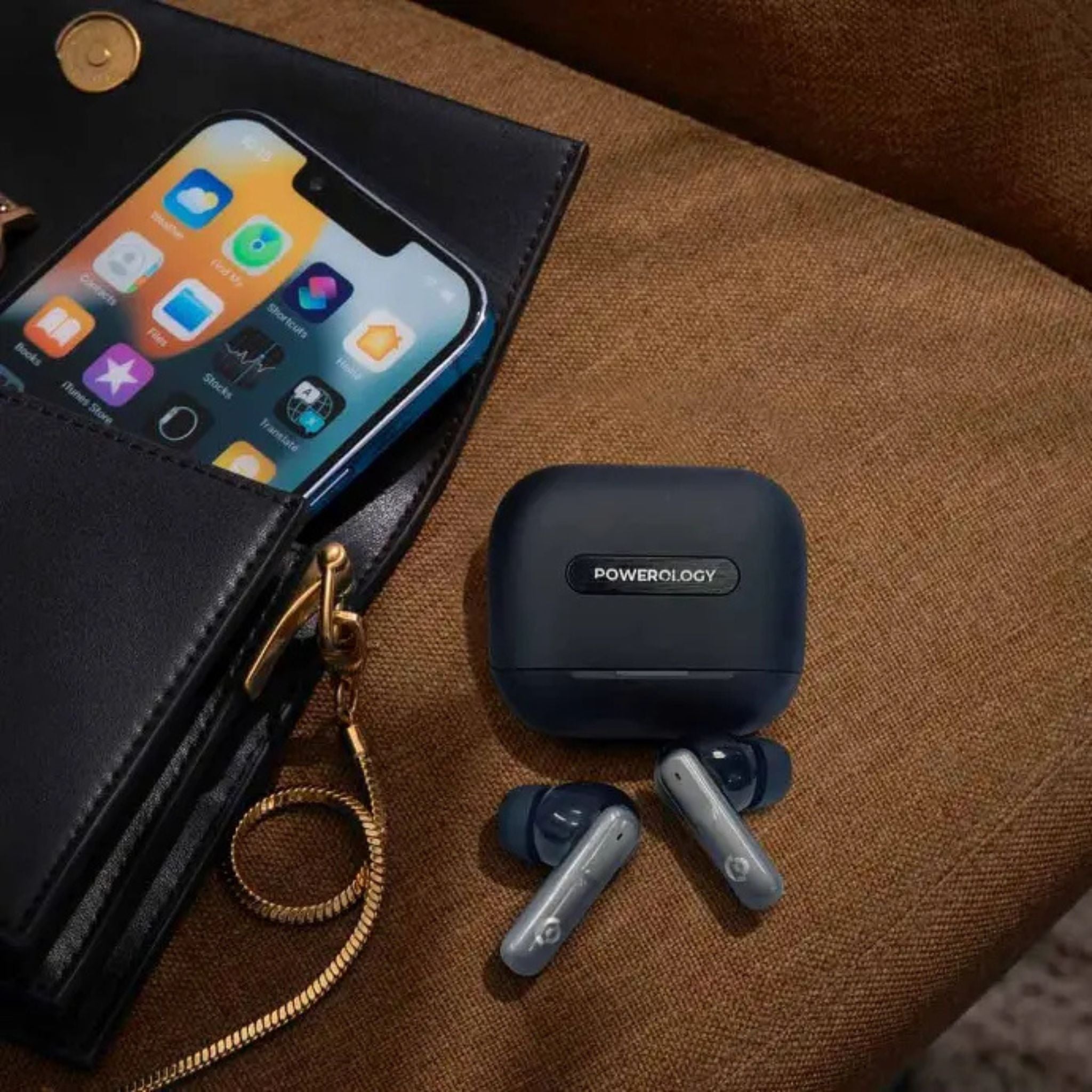 Powerology Hybrid True Wireless Earbuds with ANC + ENC, 6 Microphone, Bluetooth Version 5.3 & Type-C Charging Port - Black