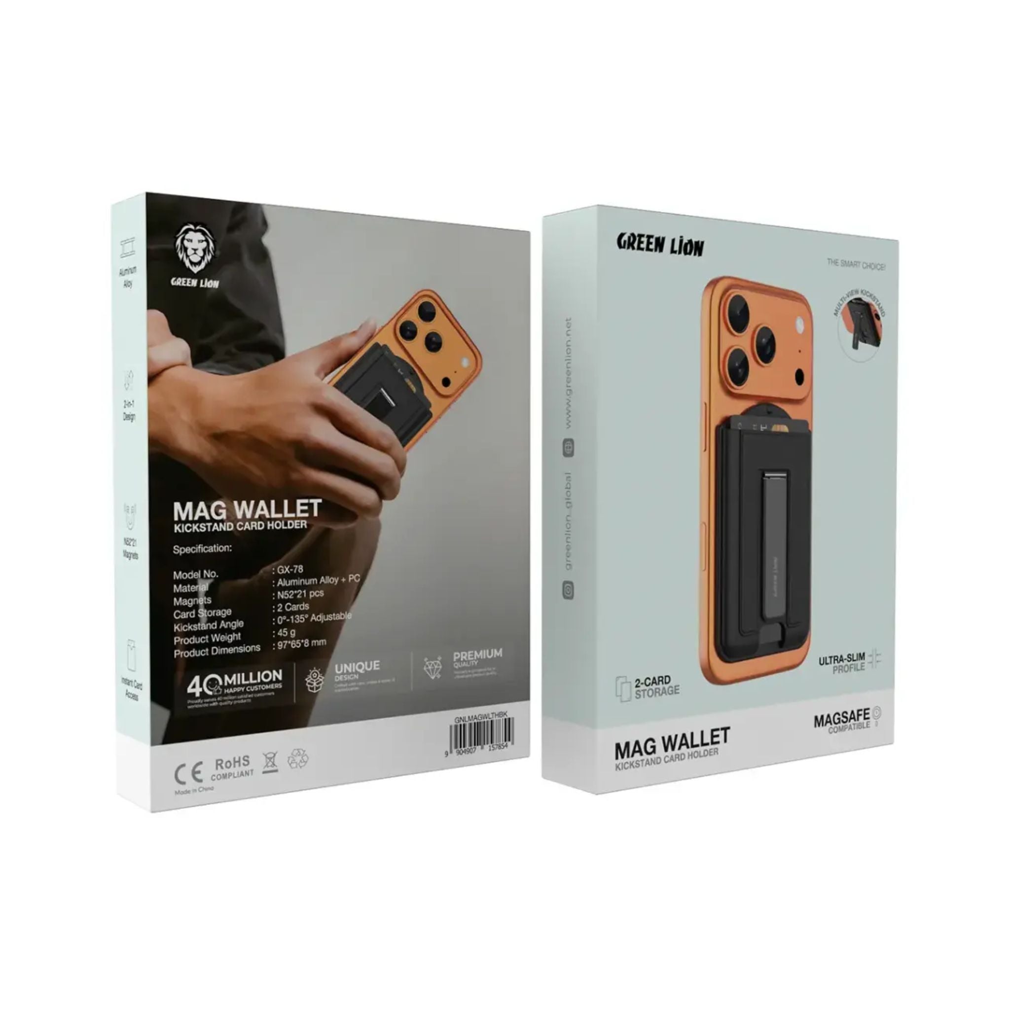 Green Lion Mag Wallet Kickstand Card Holder, MagSafe Compatible, Ultra-Slim Design, 2-Card Storage, N52 ×21 Magnets, Adjustable Kickstand 0°–135°, Aluminum Alloy + PC – Black