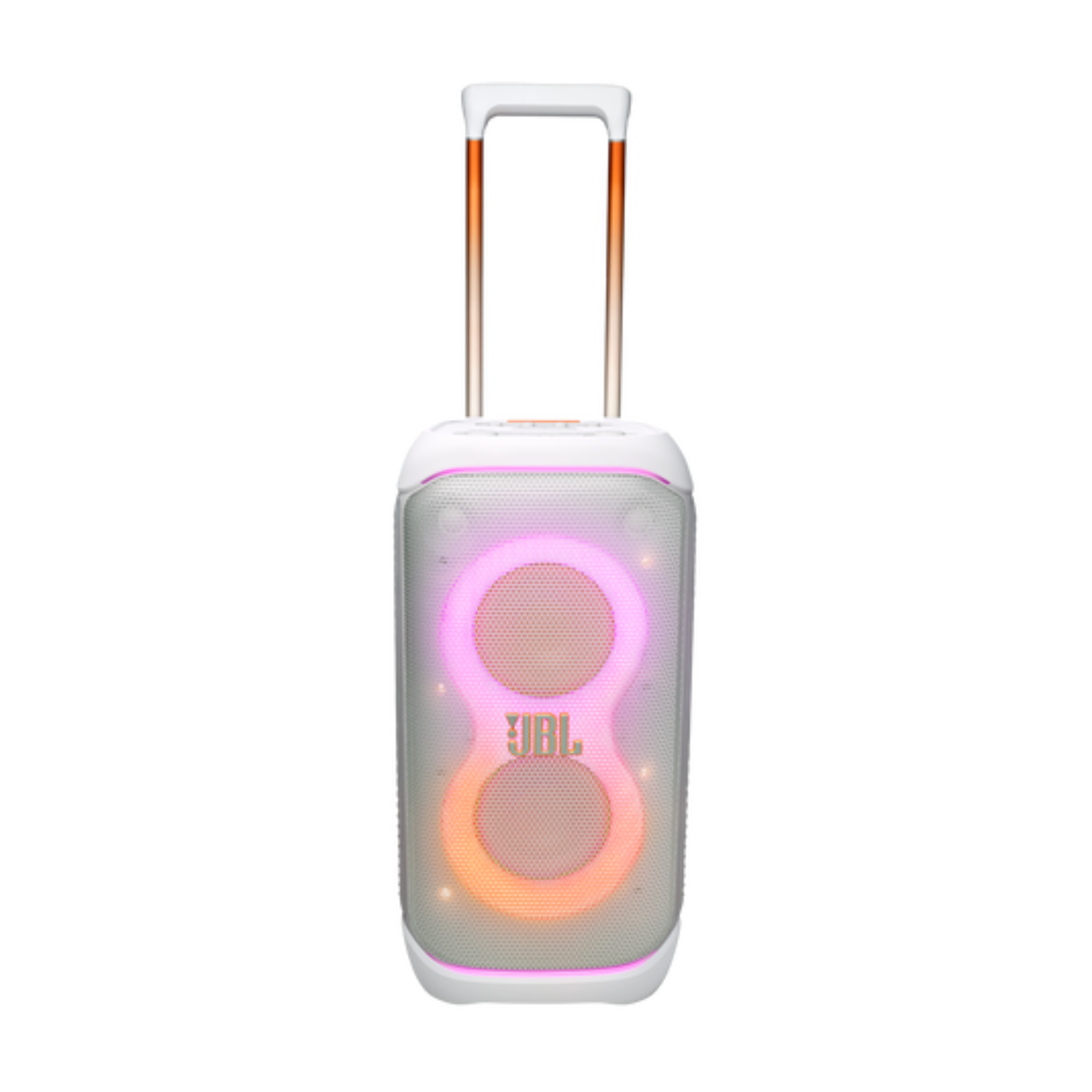 Portable speaker with colorful lighting on a white background