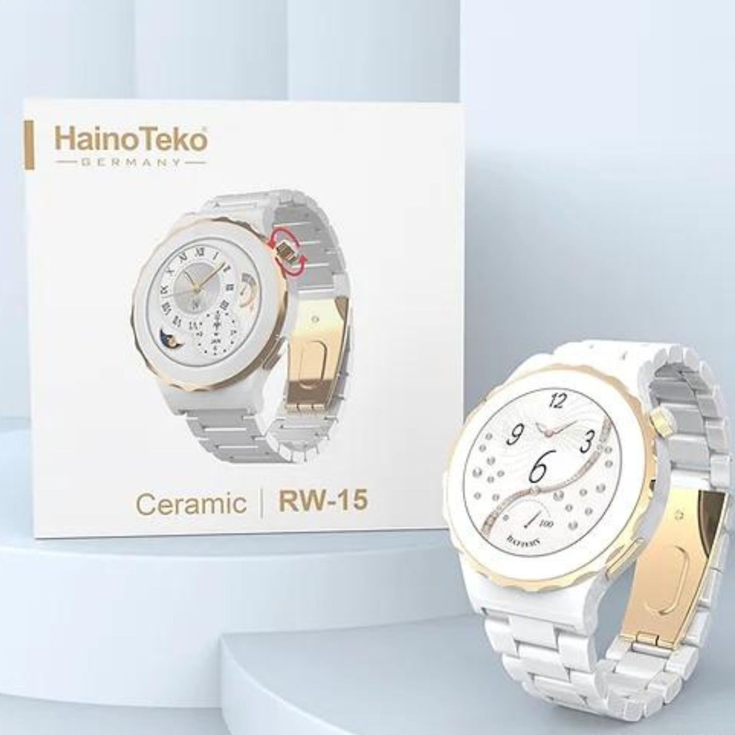 Haino Teko RW15 With 3 Replacement Bands (Ceramic,Leather,Silicon) and Wireless Charger_Gold