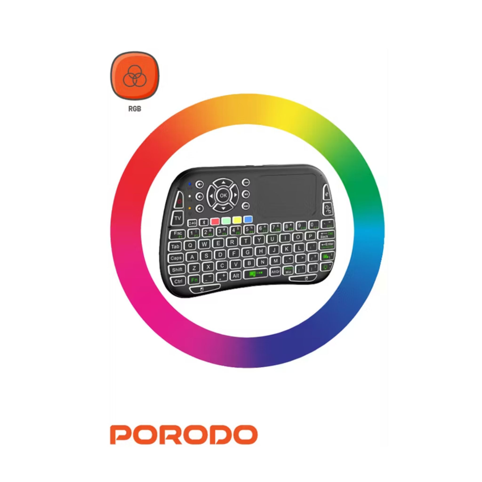 Porodo Gaming Remote Keyboard & Mouse with Programmable Buttons, Gesture Recognition, 10m Operational Range, 84 Keys, 5.2 Bluetooth, 300mAh Battery - Black