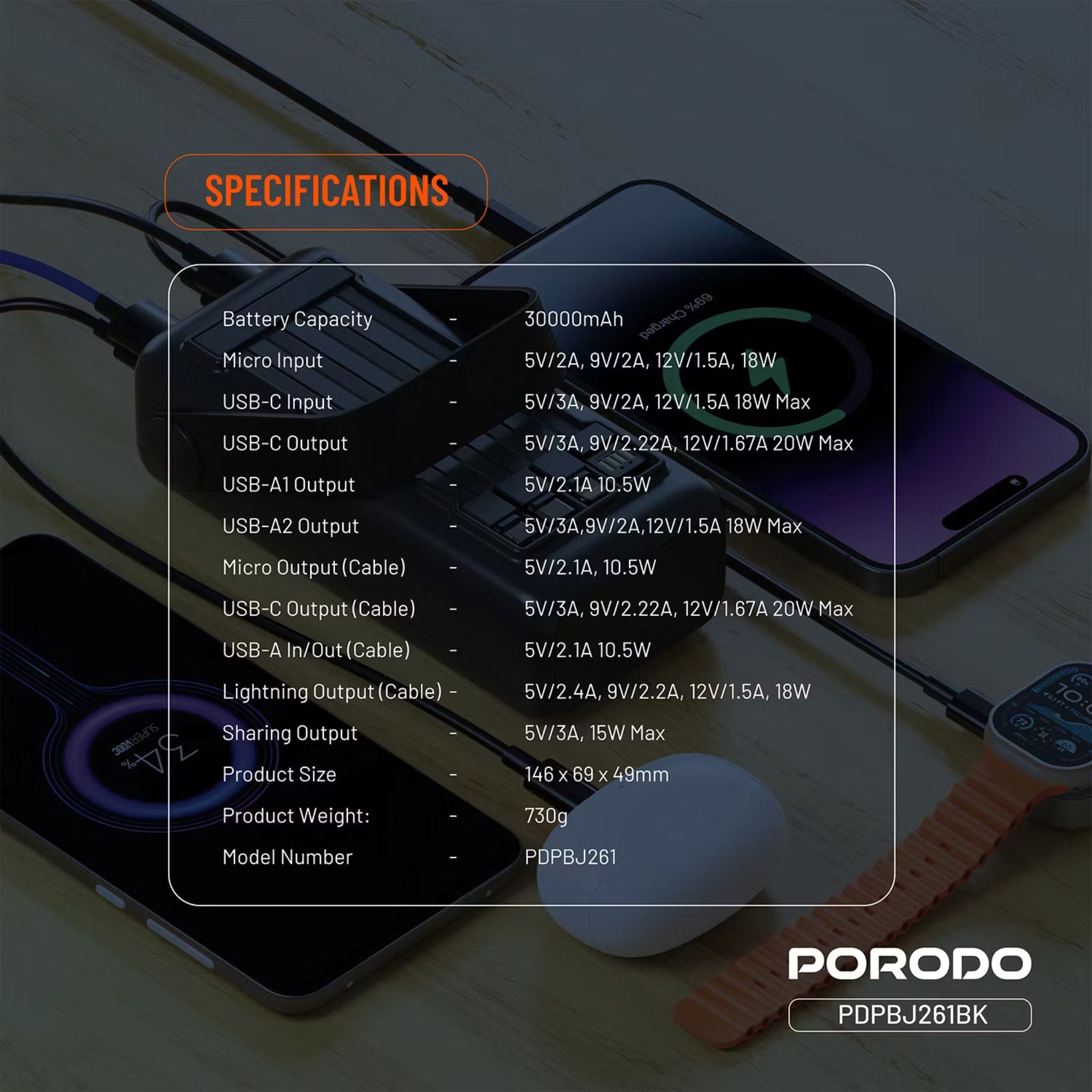 Porodo Lara 30000mAh Power Bank with Flashlight, Portable Handle, PD 20W, Fast Charging, ×2 USB-A & USB-C & Micro Ports, 4 Integrated Cables, Universal Compatibility - Black