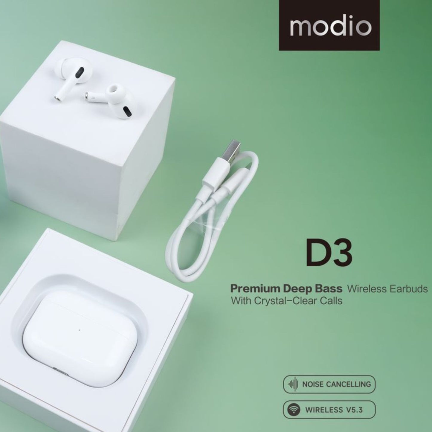 Modio D3 Deep Bass Wireless Earbuds with Crystall Clear Calls|Noise Cancelling| Wireless V5.3|250mAh Case Battery _White