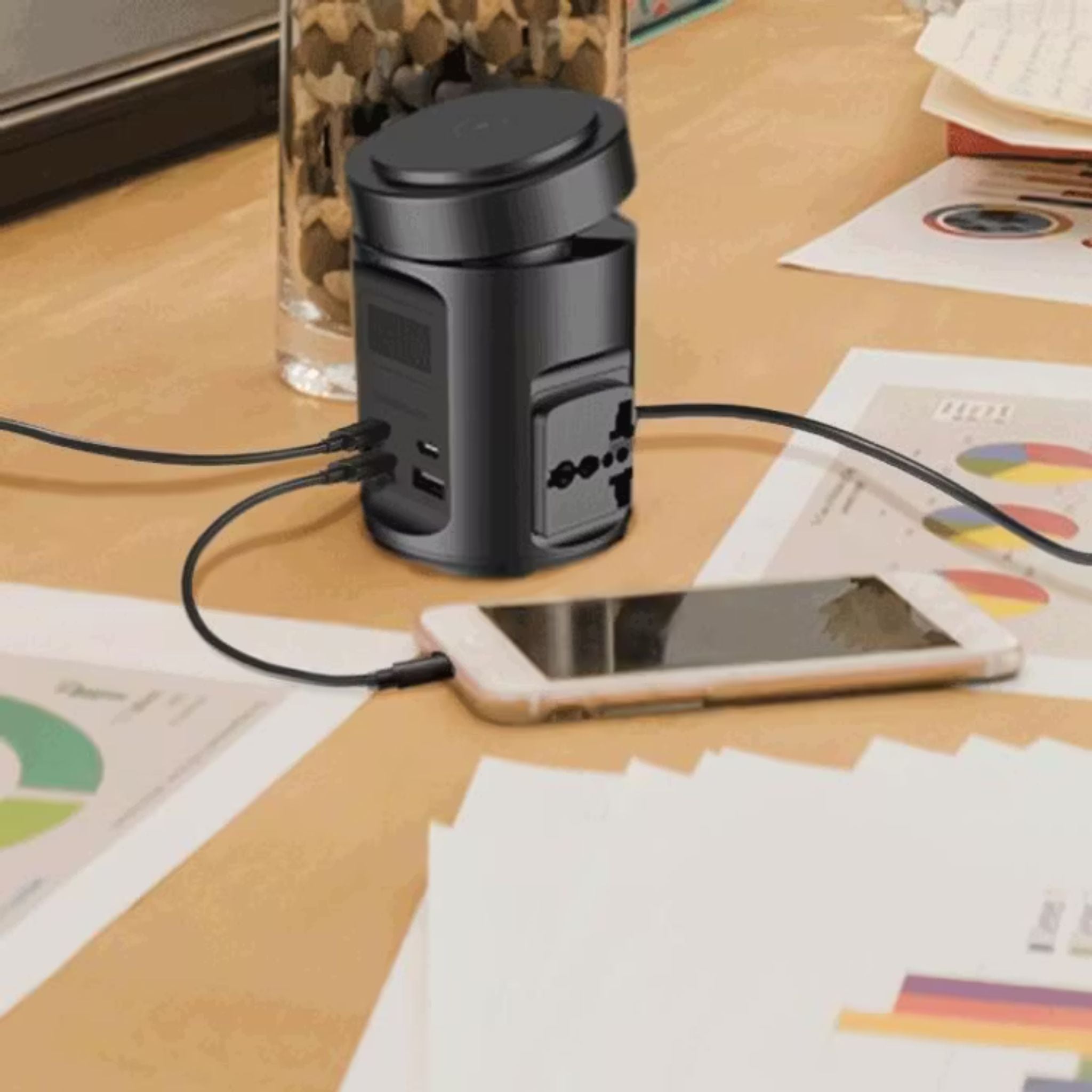 Powerology Magsafe Power Hub with UK Plug, PD 65W, USB-A QC 3.0, Built-in Safeguards, 15W Wireless Charging, 2200W Rated Power - Black