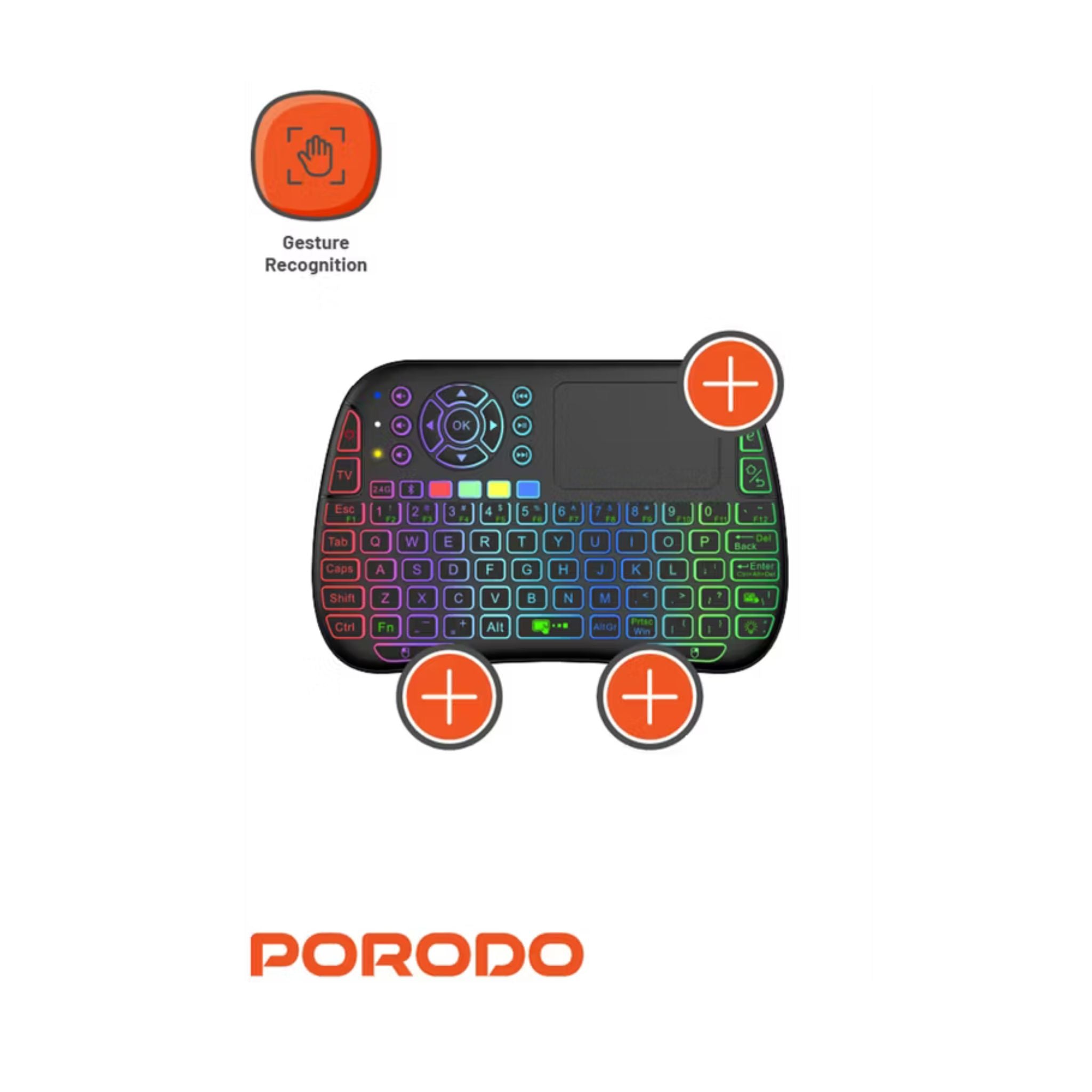 Porodo Gaming Remote Keyboard & Mouse with Programmable Buttons, Gesture Recognition, 10m Operational Range, 84 Keys, 5.2 Bluetooth, 300mAh Battery - Black
