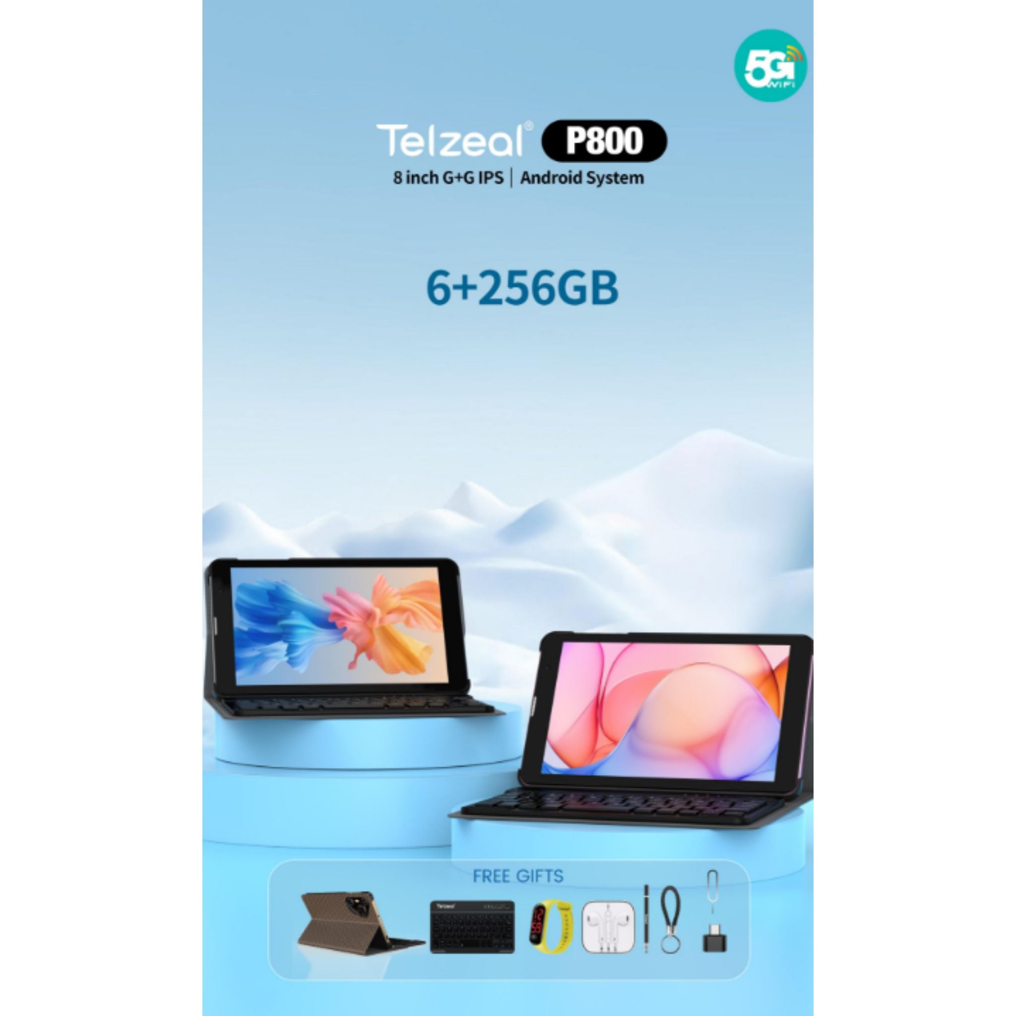 Telzeal P800 Tablet 8 Inch Android 12 Tablet with Dual SIM 6GB RAM 256GB ROM 5G WiFi 5000mAh Battery and Wireless Keyboard -Blue