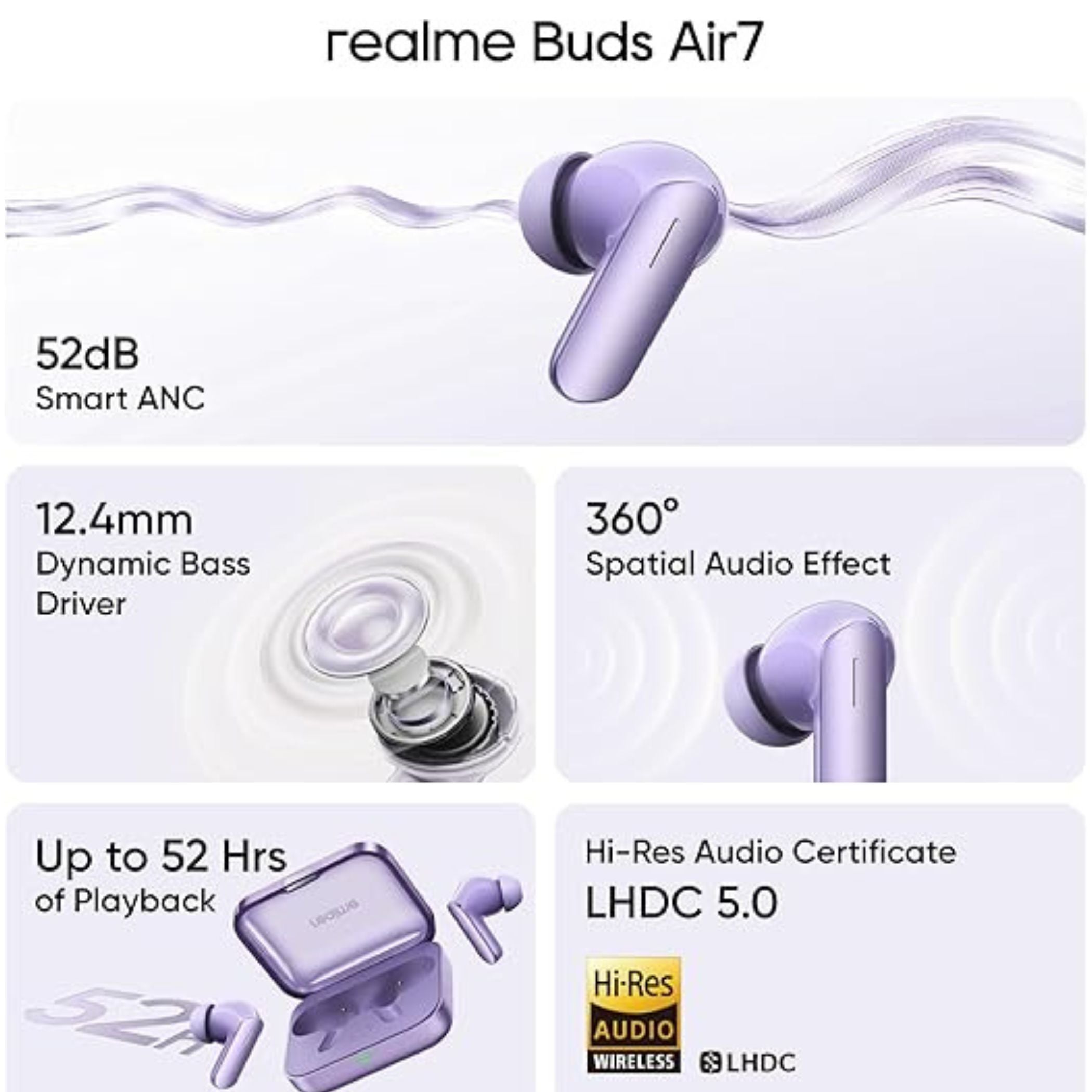 Realme Buds Air 7 True Wireless Earbuds, 52dB ANC, Hi-Res LHDC 5.0, 12.4mm Deep Bass Driver, 360° Spatial Audio, 52H Playtime, 6-Mic ENC, Bluetooth 5.4, IP55 Water Resistant, Fast Charging – Lavender Purple