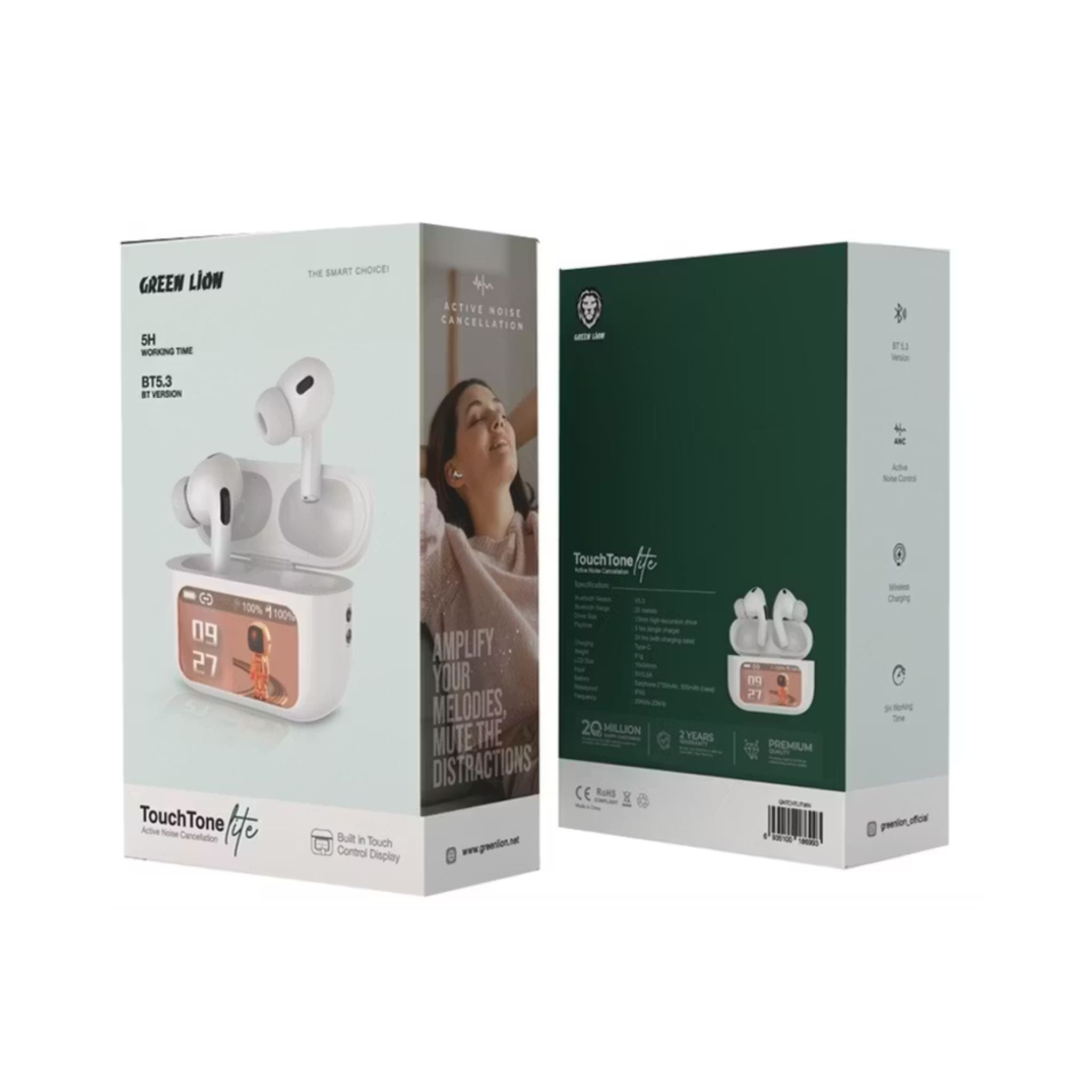 Green Lion Touch Tone Lite ANC Earbuds –Bluetooth 5.3, Touch Display Controls, IPX5 Waterproof, 5H Playtime (24H with 300mAh Case), Dual 30mAh Earbuds, 25m Wireless Range-White
