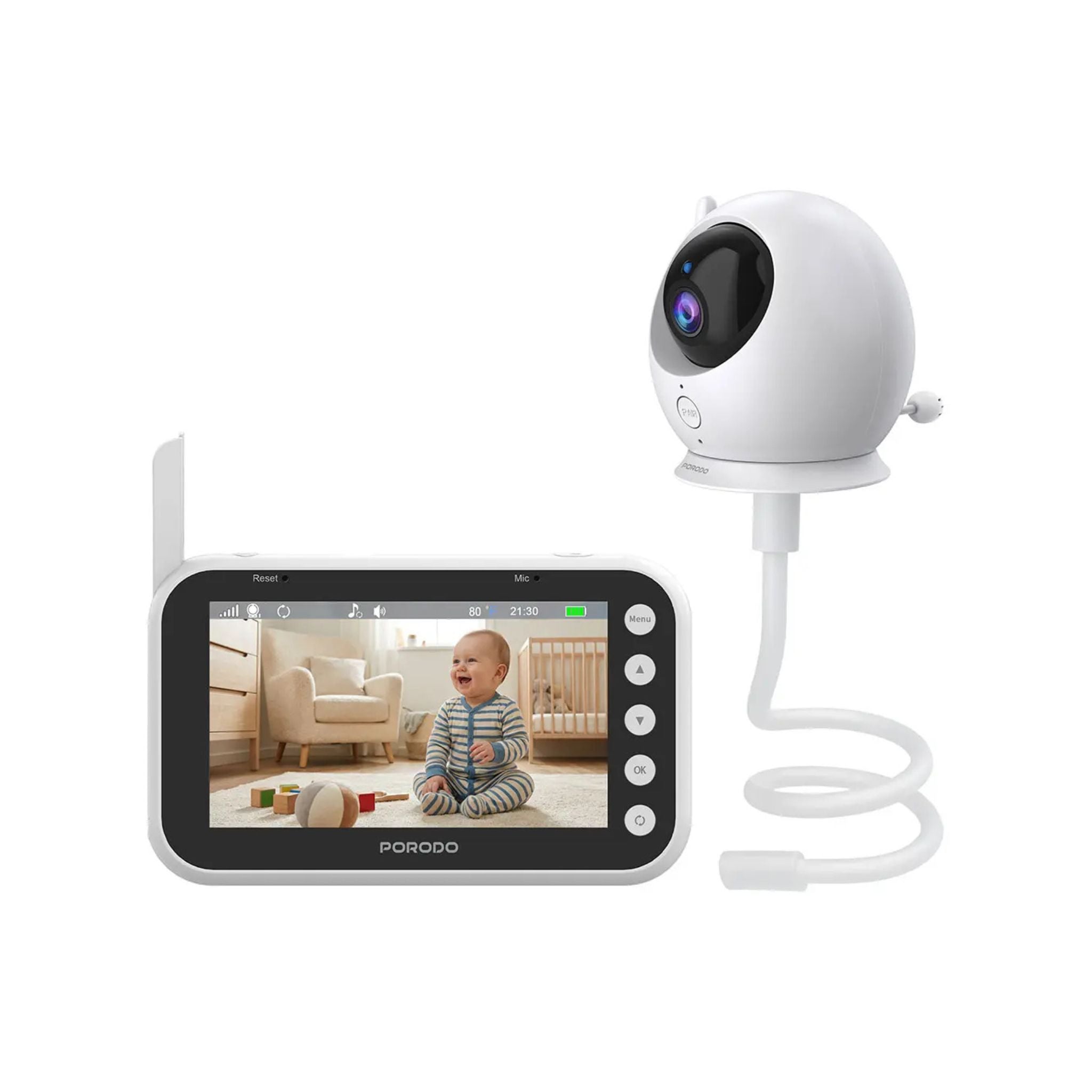 Porodo Lifestyle Lumi Baby Smart Monitor with Camera, 4.3" Display, 720P HD Video, Night Vision, 2.4GHz FHSS Connection, Two-Way Audio, VOX Mode, Crying Alarm, Temperature Detection, Feeding Reminder, 8 Lullabies, 2000mAh Battery, USB-C – White