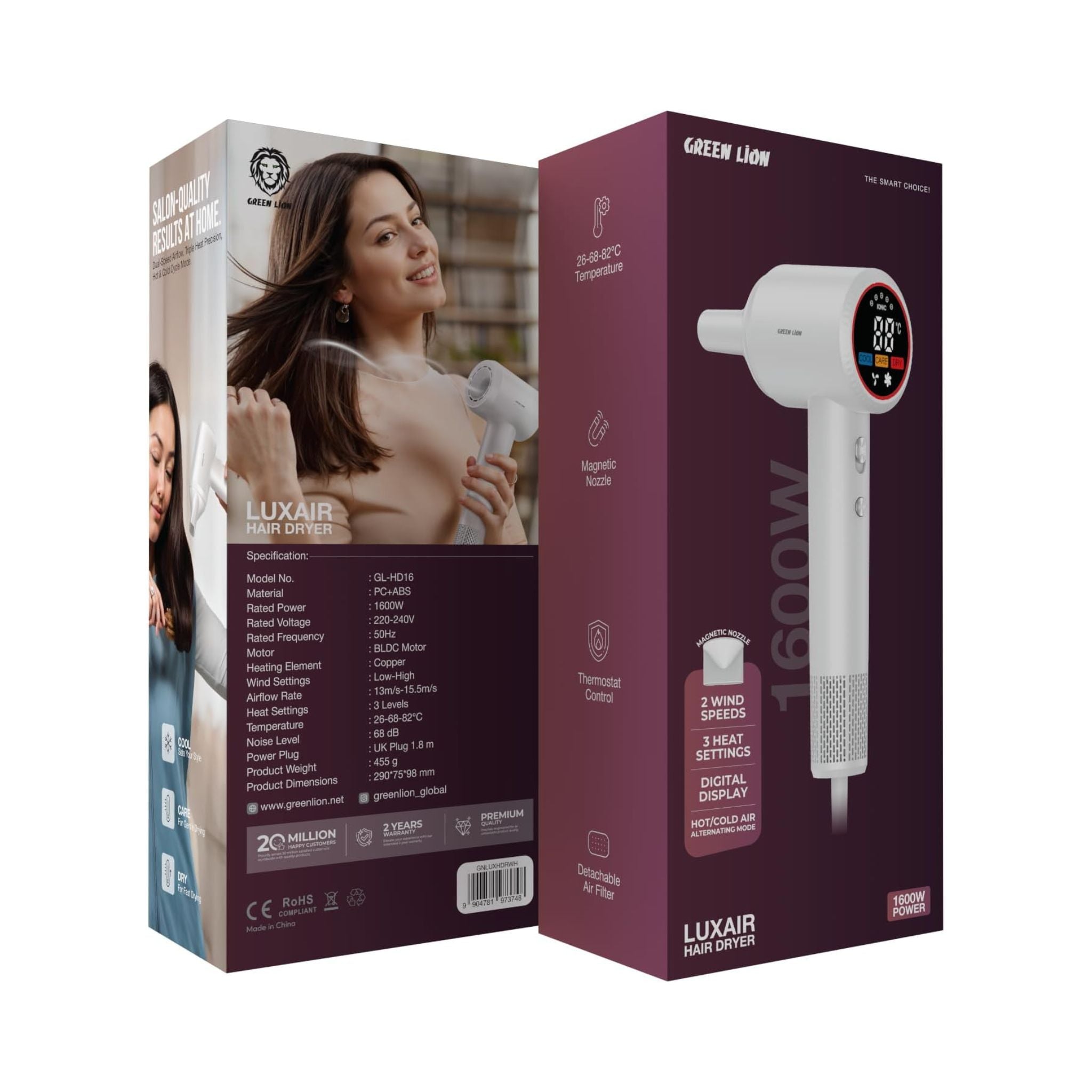 Green Lion LUXAIR Hair Dryer, 1600W BLDC Motor, Digital Display, Hot & Cold Air Alternating Mode, 3 Heat Settings, 2 Wind Speeds, Low Noise 68dB, Durable PC+ABS Body with Copper Heating Element, 1.8m UK Plug – White