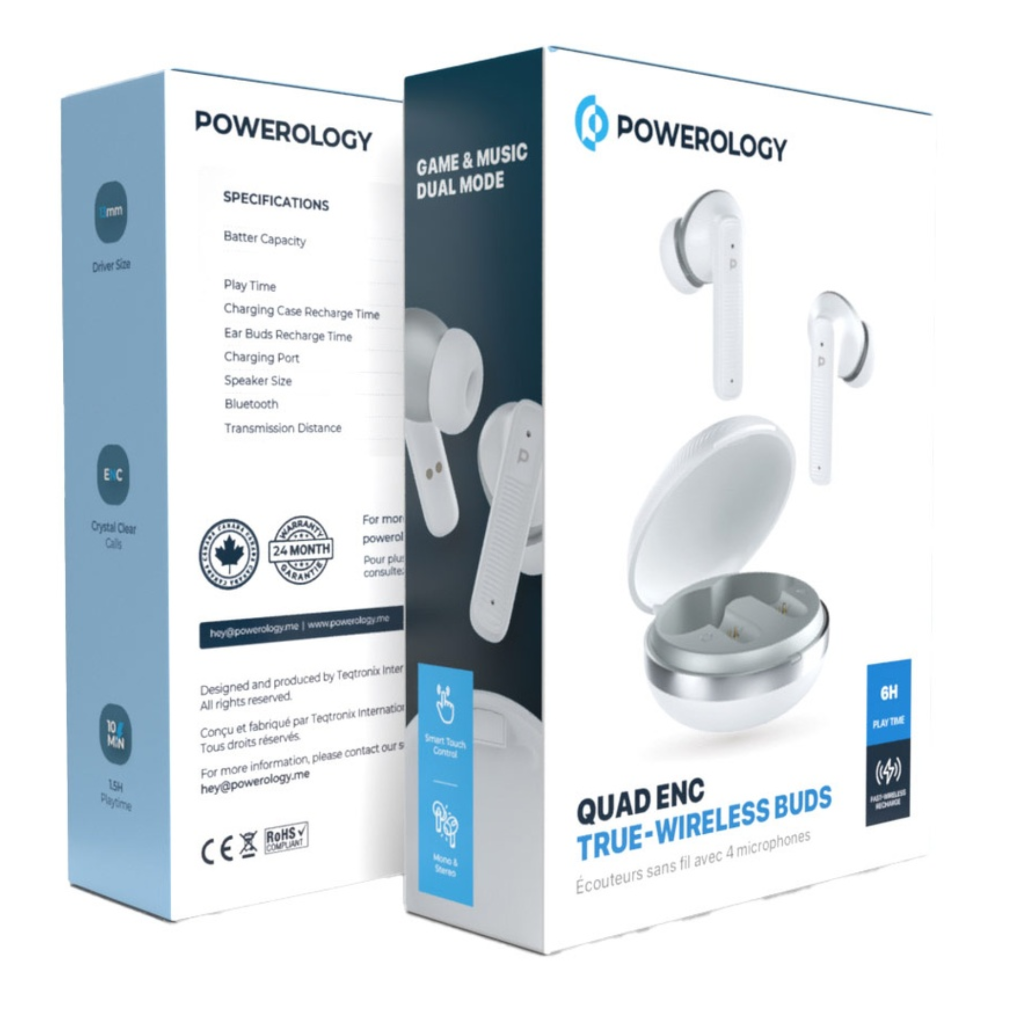 Powerology TWS Earbuds with Quad Mic ENC, 6h Playtime, Bluetooth 5.3, 30minutes Charging Time, 10m Transmission Distance, Type-C Port, Smart Touch Control, Wireless Charging - White