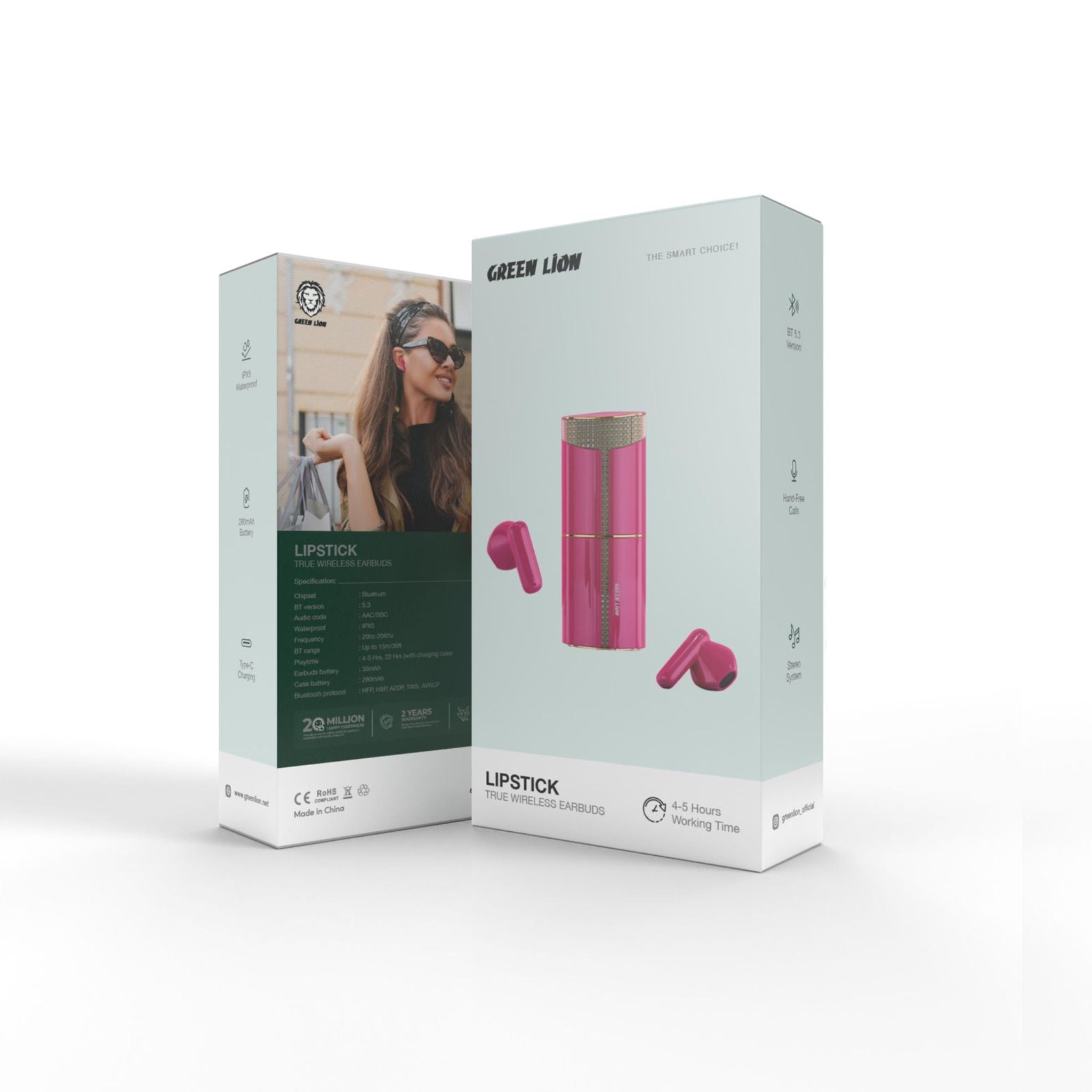 Green Lion Lipstick True Wireless Earbuds, 4-5 Hours Playtime, 280 mAh Case Battery, Up to 15 m Bluetooth Range, BT Version 5.3, Stereo System - Pink