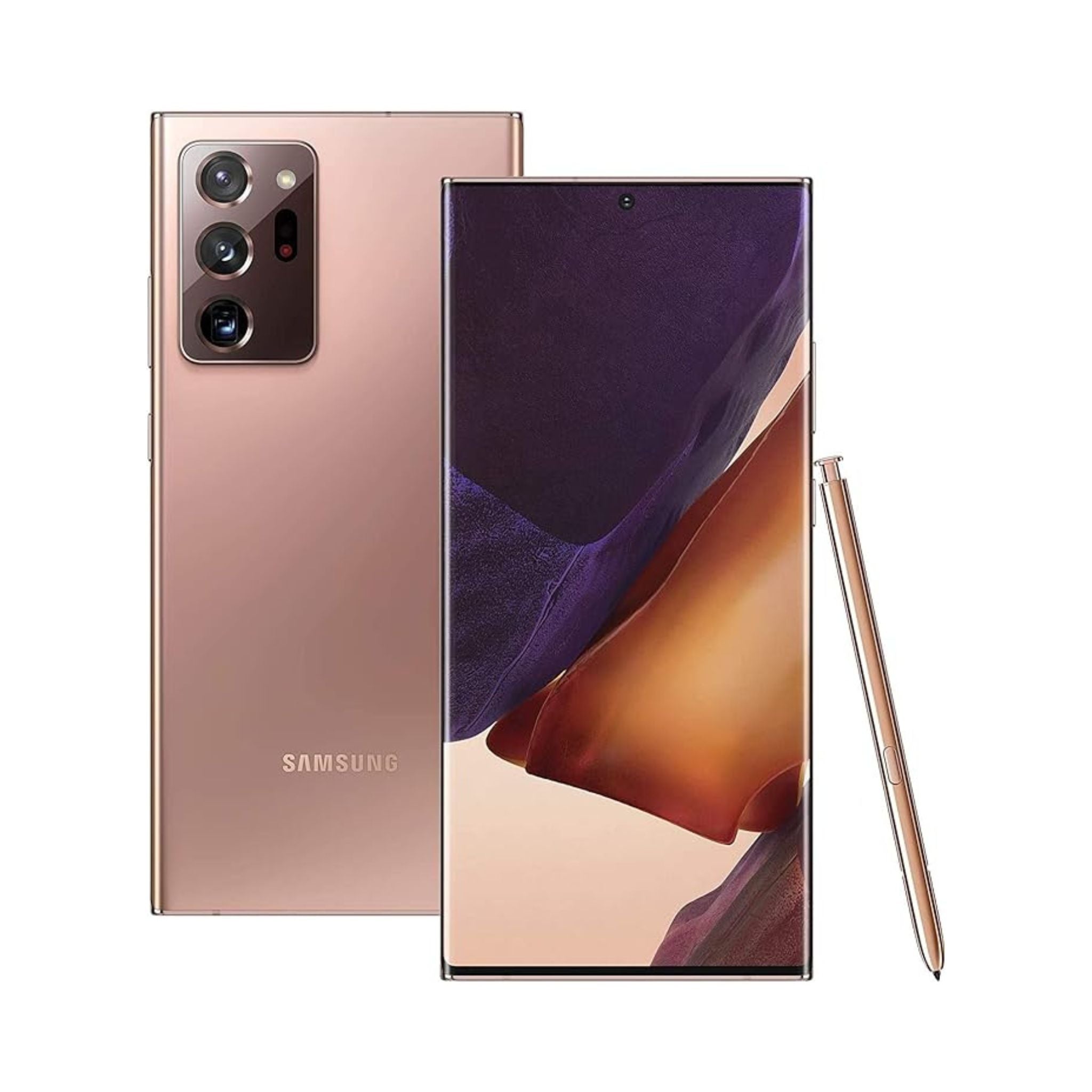Samsung Galaxy Note 20 Ultra 5G smartphone in Mystic Bronze color, showcasing the front screen display and the back camera and S Pen.