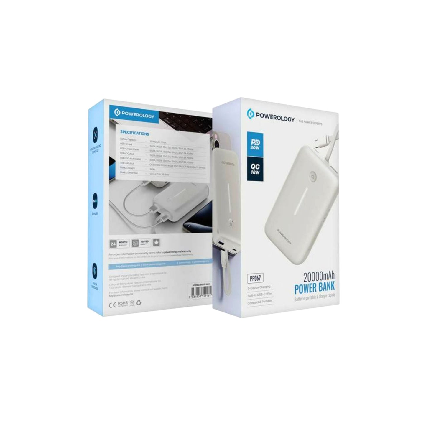 Powerology 20000mAh Power Bank with Detachable USB-C Wire, 30W Power Delivery, 3-Device Charging, Long Time Standby, Universal Phone Compatibility, Built-in Safeguards - White