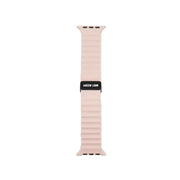 Pink textured watch band with black clasp on a white background