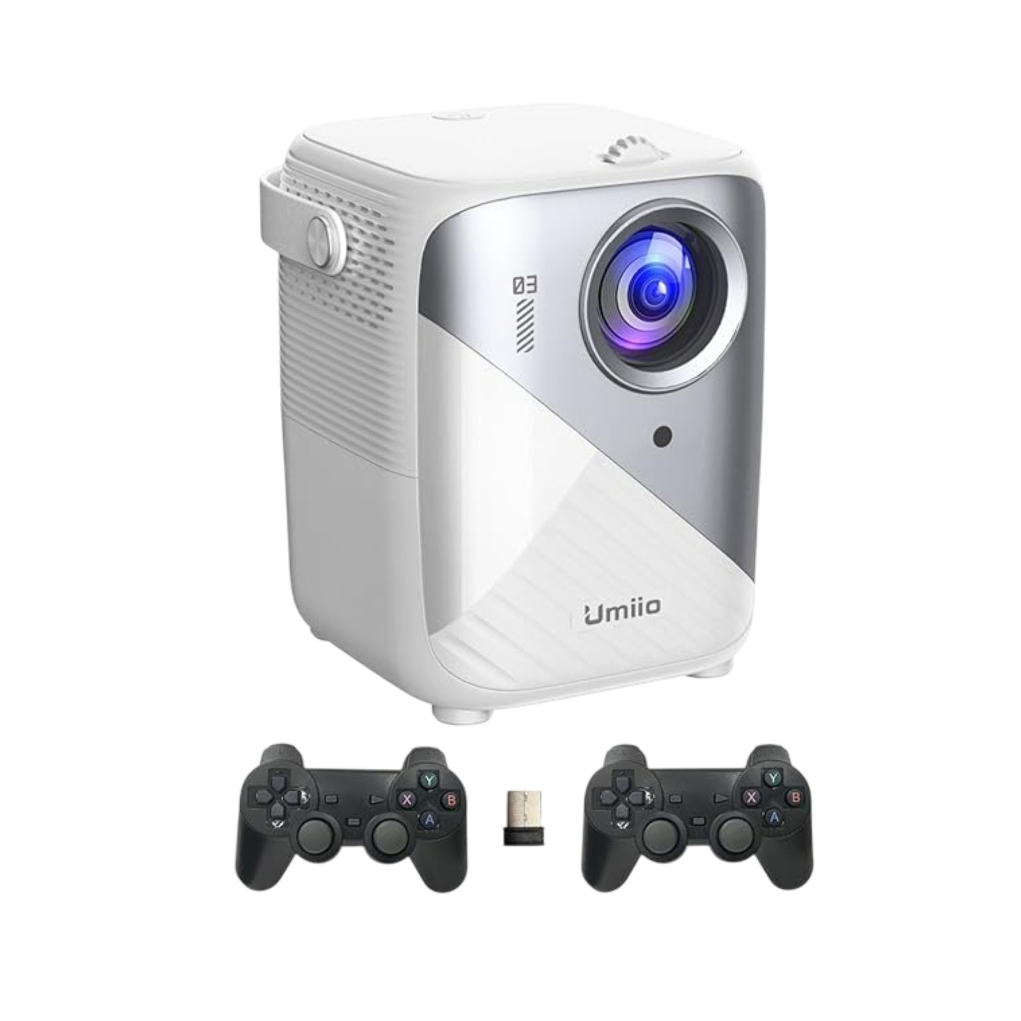 White projector with two remote controls and a USB cable on a white background