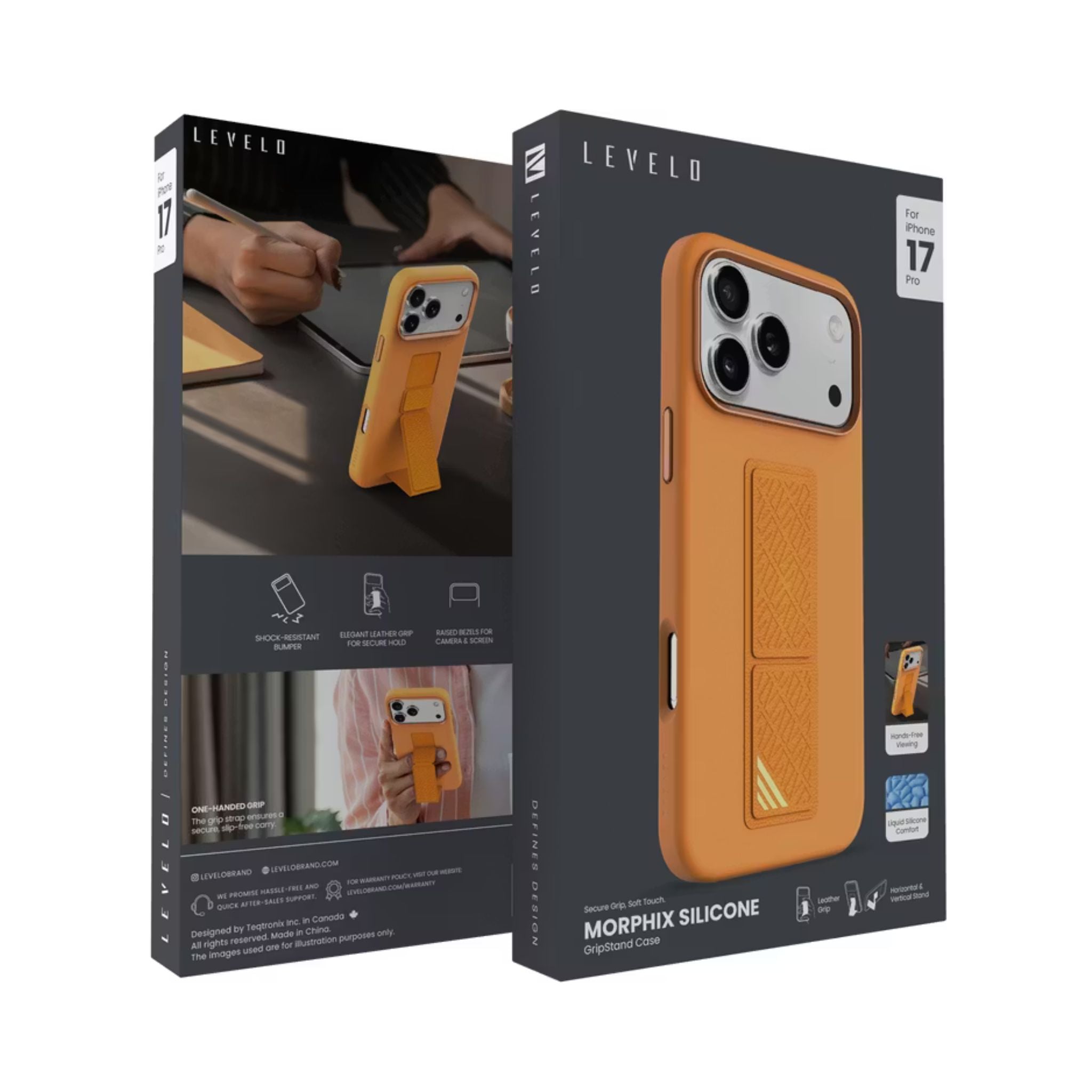 Levelo Morphix Silicone GripStand Case for iPhone 17 Pro, Hands-Free Viewing, True Microfiber Interior Lining, Horizontal & Vertical Stand, Shock-Resistant Bumper, Raised Bezels for Camera & Screen, Slim Fit Design - Orange