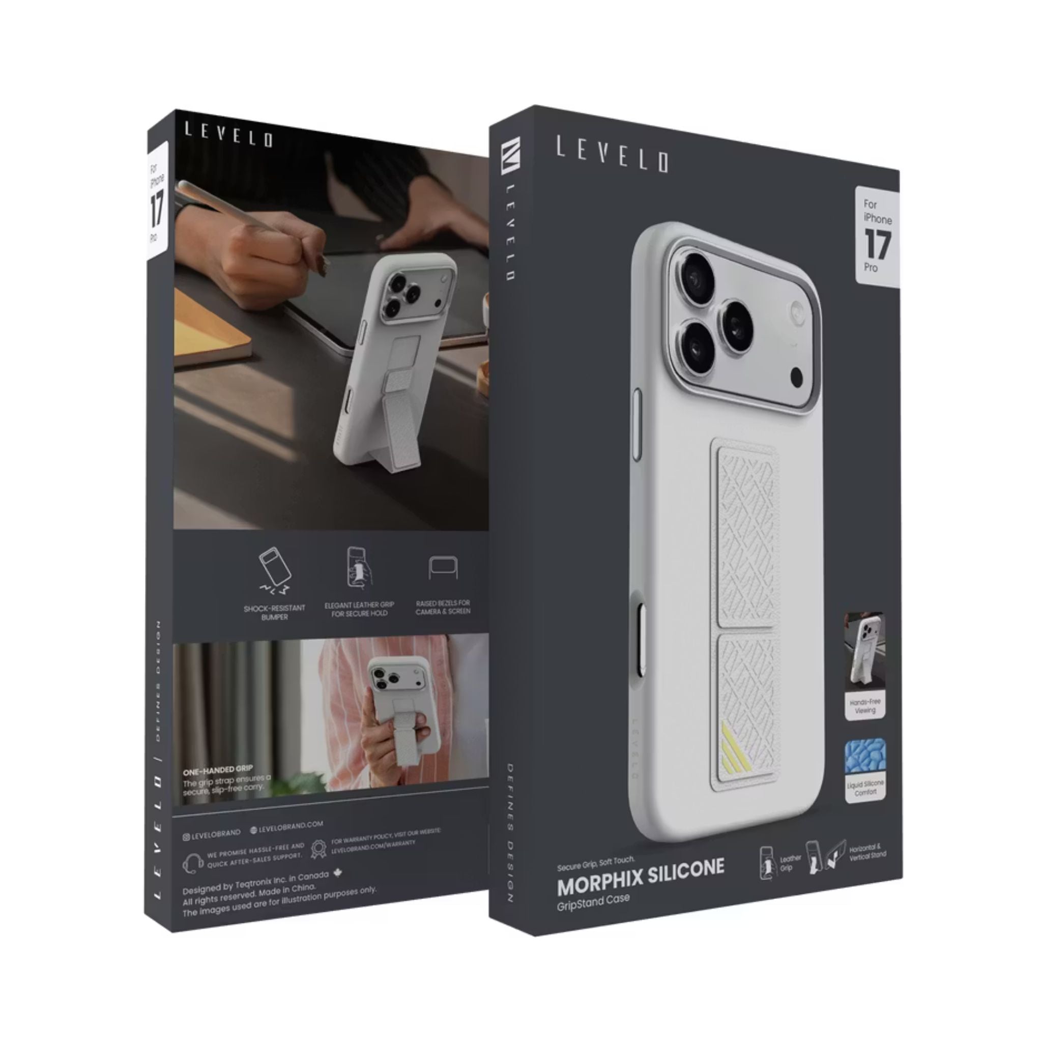 Levelo Morphix Silicone GripStand Case for iPhone 17 Pro, Hands-Free Viewing, True Microfiber Interior Lining, Horizontal & Vertical Stand, Shock-Resistant Bumper, Raised Bezels for Camera & Screen, Slim Fit Design - Silver