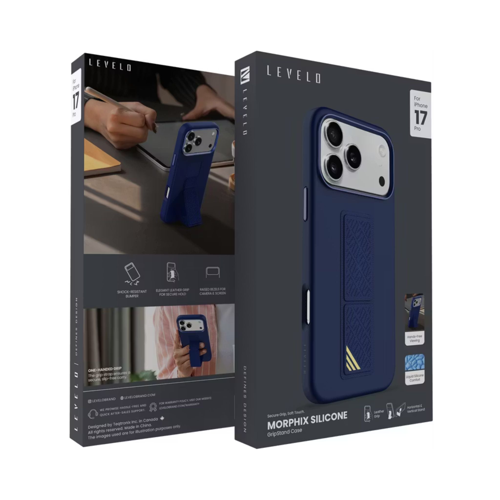 Levelo Morphix Silicone GripStand Case for iPhone 17 Pro, Hands-Free Viewing, True Microfiber Interior Lining, Horizontal & Vertical Stand, Shock-Resistant Bumper, Raised Bezels for Camera & Screen, Slim Fit Design - Dark Blue