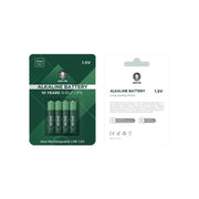 Packaging of Green Lion Alkaline AAA Batteries with a 10-year shelf life label, in a green and white design showing the batteries and product information.