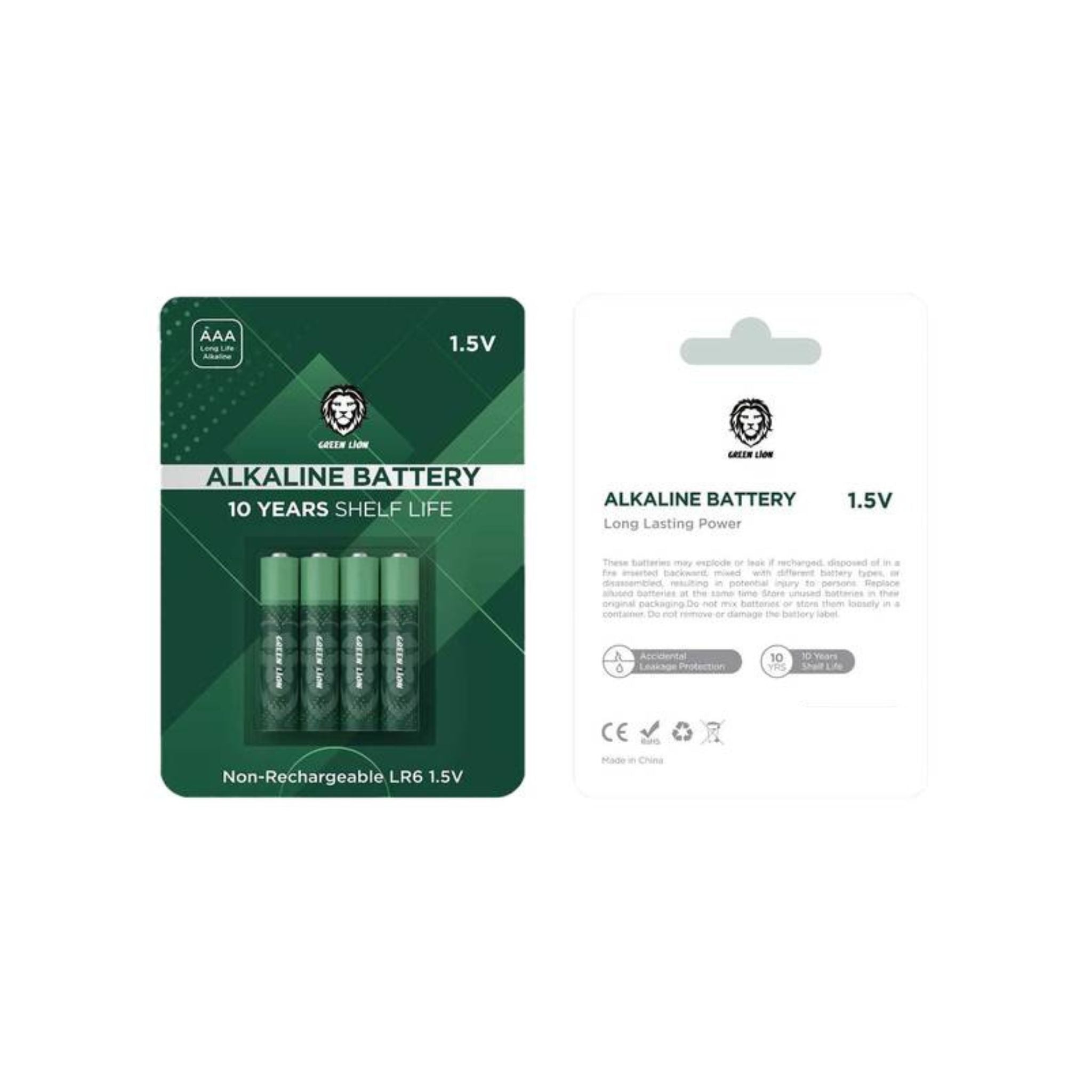 Packaging of Green Lion Alkaline AAA Batteries with a 10-year shelf life label, in a green and white design showing the batteries and product information.