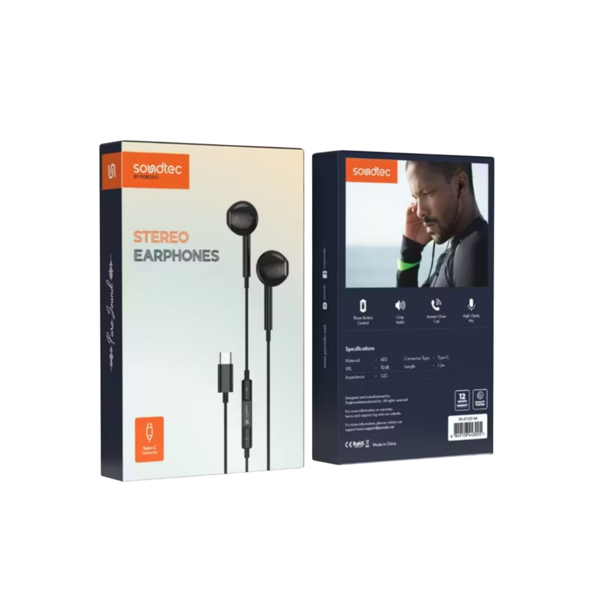 Porodo Soundtec Stereo Earphones with Type-C Connector, High-Clarify Microphone, ABS Material, 120 cm Tangle Free Cable - Black