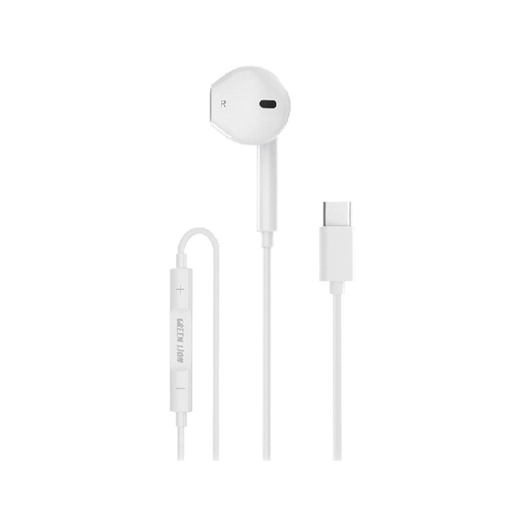 White earbud headphones with remote and mic on a white background