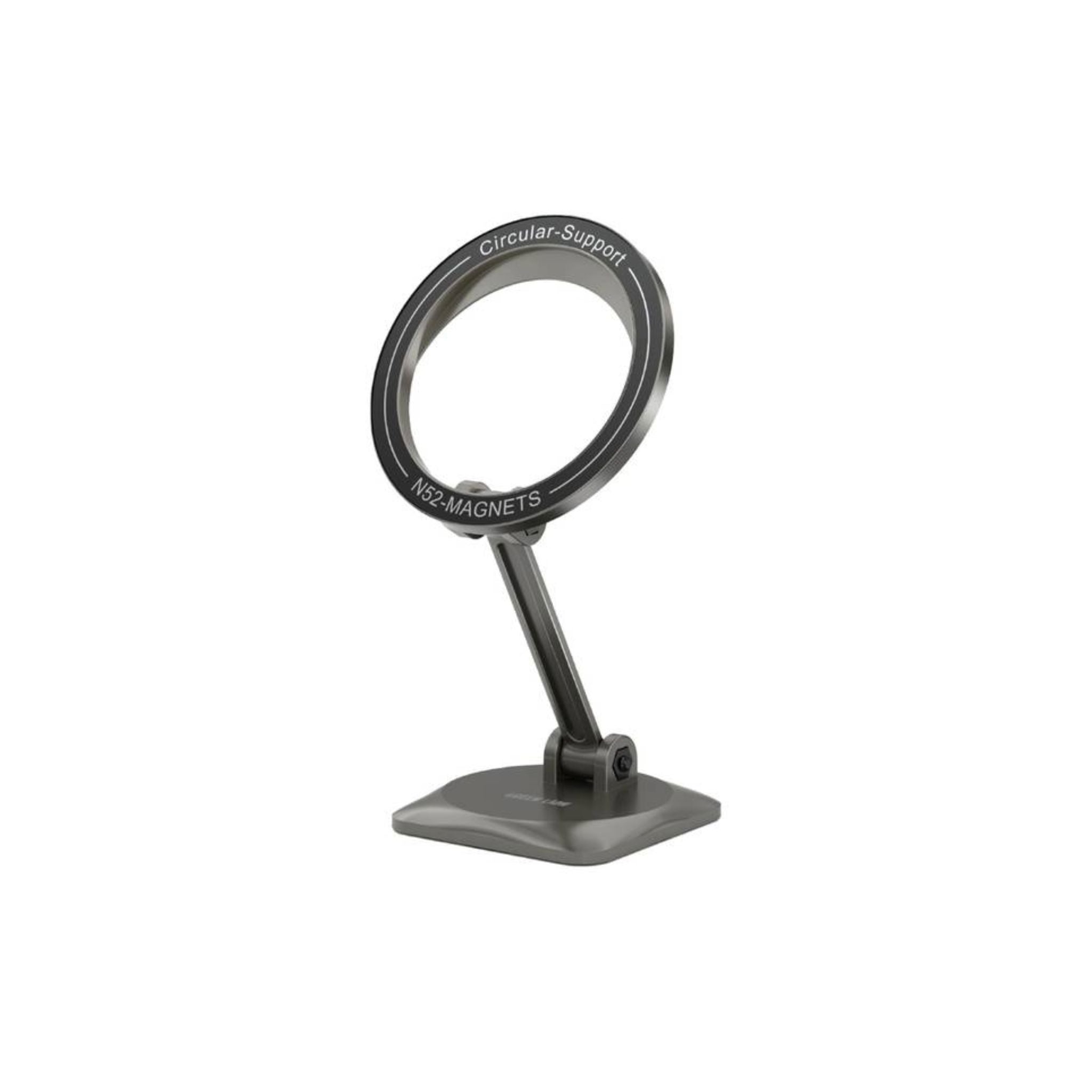 A black foldable MagSafe car holder made of zinc alloy and PC material, with a strong magnet for securing a smartphone, displayed on a stand.