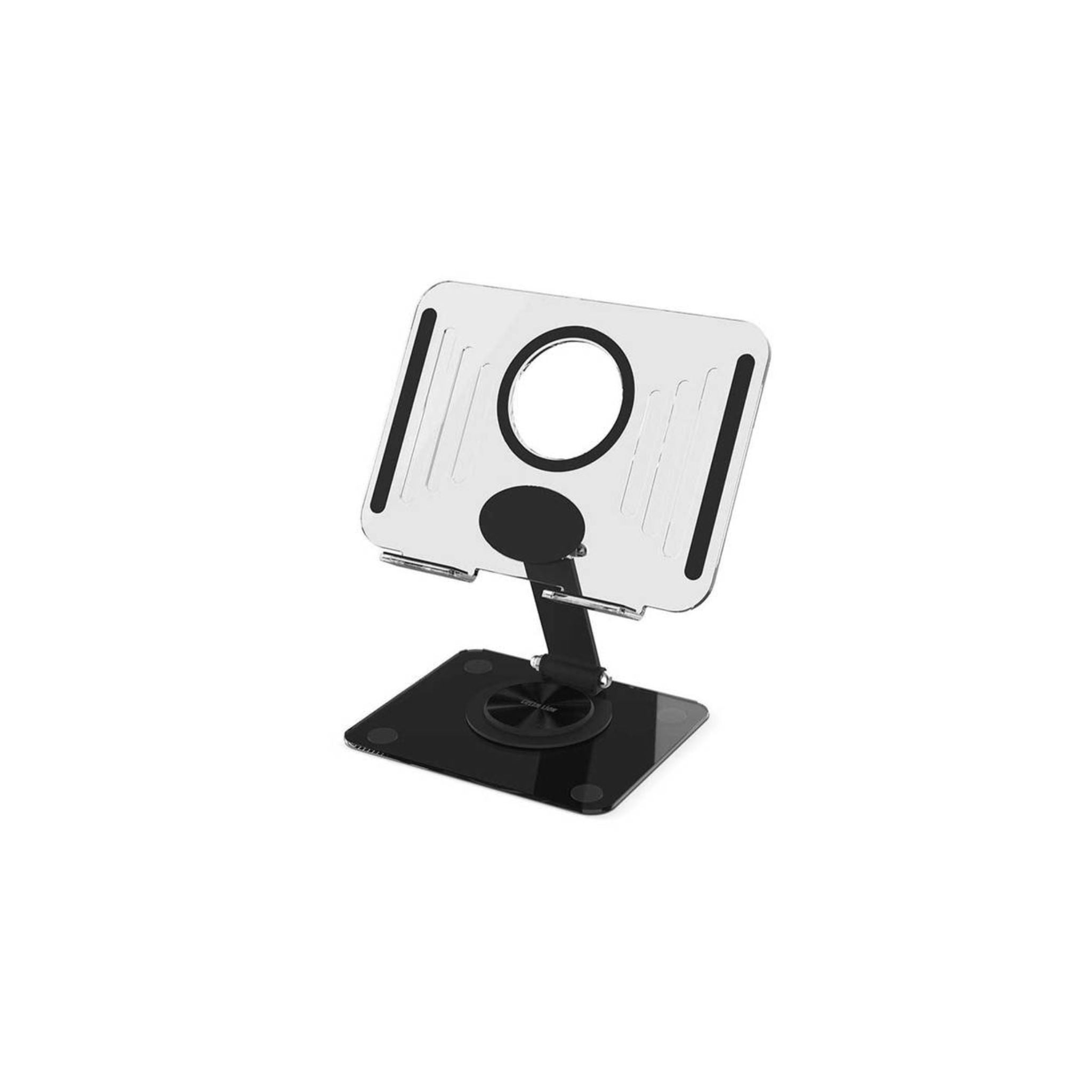 A black and transparent tablet stand with a 360° rotating base and anti-slip silicone grip.