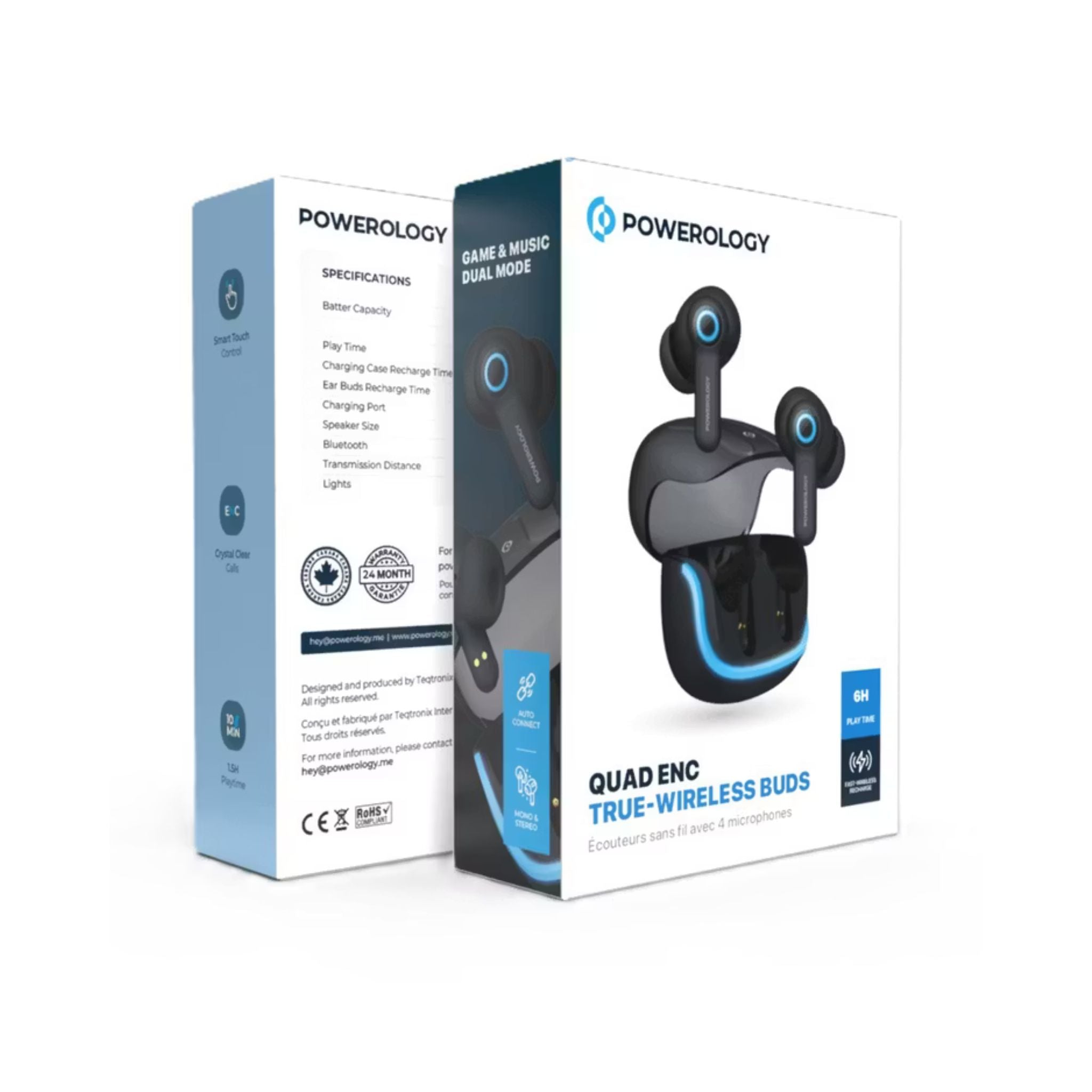 Powerology Quad Mic ENC True Wireless Earbuds, 6h Playtime, Bluetooth 5.3, Type-C Charging, 10m Transmission Distance, RGB Lights - Black