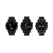 Three Haino Teko smartwatches with black cases, displayed side by side. From left to right: one with a silicone strap, one with a leather strap, and one with a stainless steel strap.