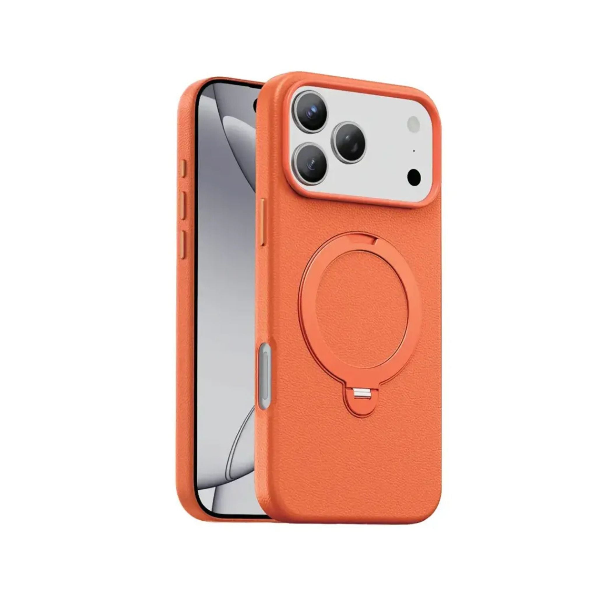 Orange phone case with a ring holder on a white background