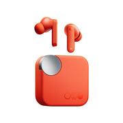 The image shows a pair of orange wireless earbuds with a charging case, featuring in-ear headphones with a metallic finish and a circular control button on the front.