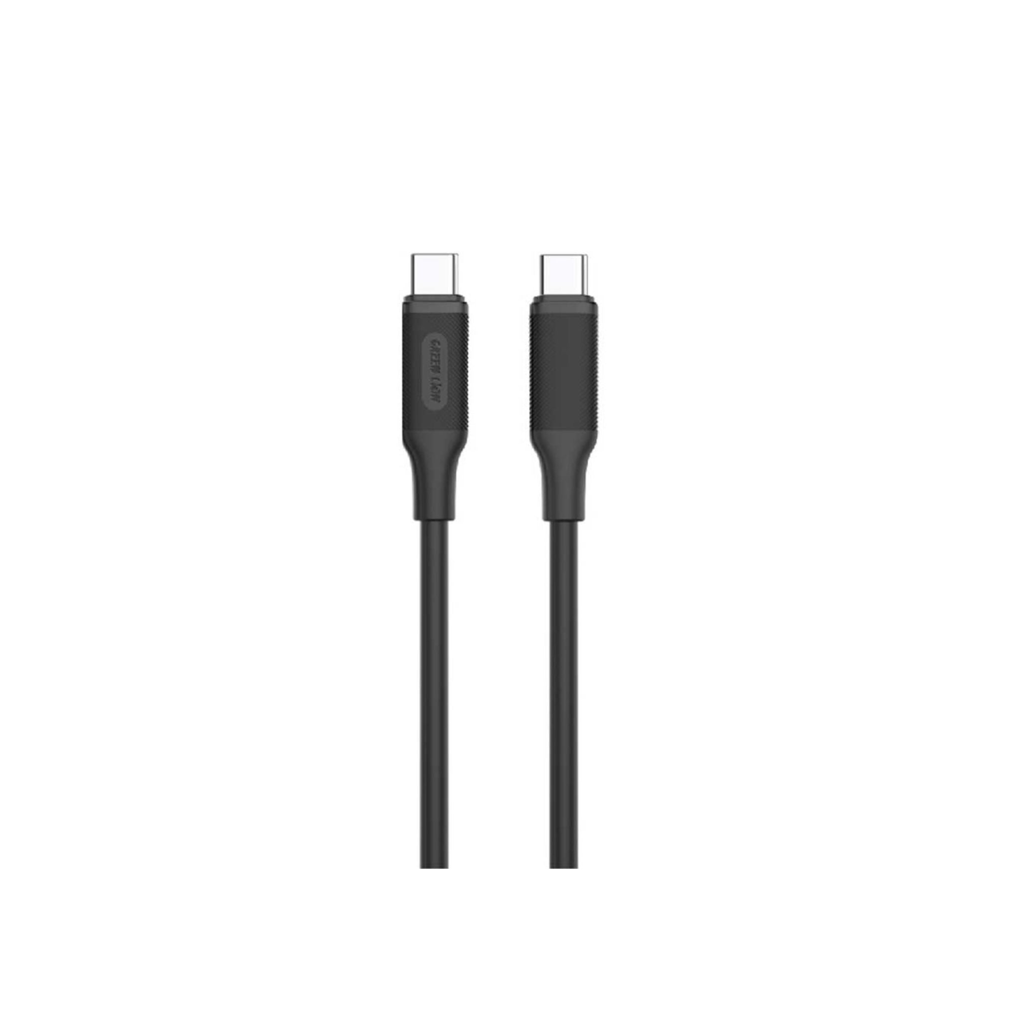 A black USB-C to USB-C PVC cable with a standard USB-A connector on one end and a USB-C connector on the other.