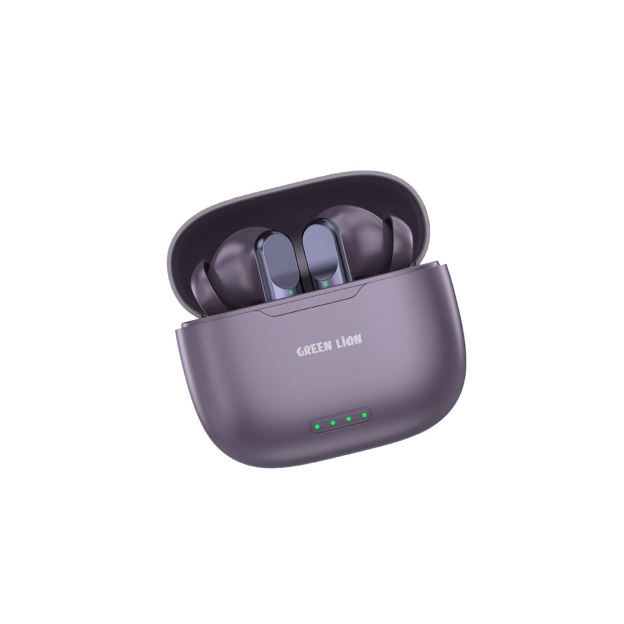 Green Lion Panama wireless in-ear earbuds in purple color, with charging case open showing LED indicators.