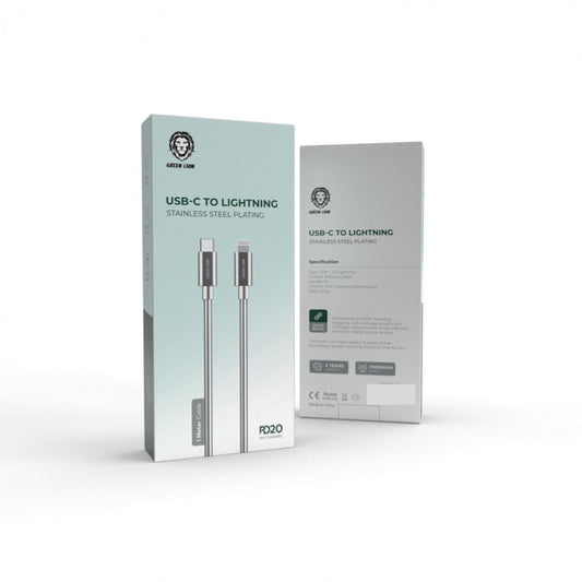 Green Lion USB-C to Lightning Stainless Steel Plating Cable PD 20W 1M - Silver