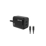 A Green Lion branded dual USB-C wall charger with a 1-meter USB-C to Lightning PVC cable, in a dark green color.