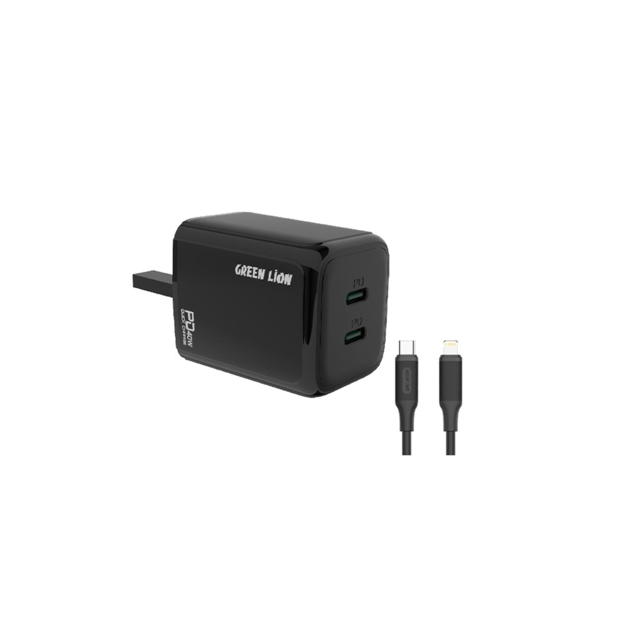 A Green Lion branded dual USB-C wall charger with a 1-meter USB-C to Lightning PVC cable, in a dark green color.