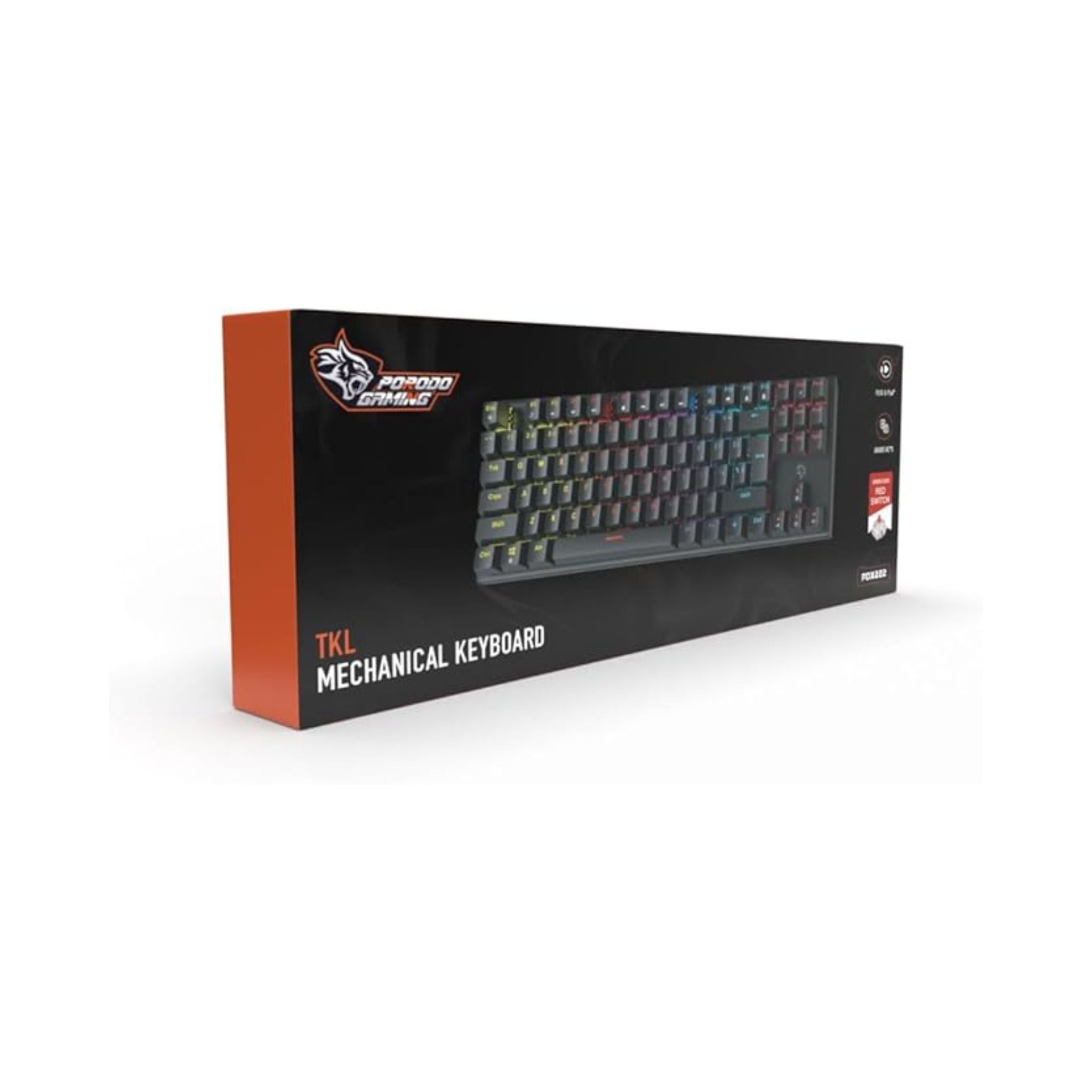 Porodo Gaming TKL Mechanical Keyboard with 12 RGB Light Modes, 25 Anti-Ghosting Keys, 50 Million Clicks Lifespan, 1.5m PVC Cable, Plug & Play, English & Arabic Keys - Black