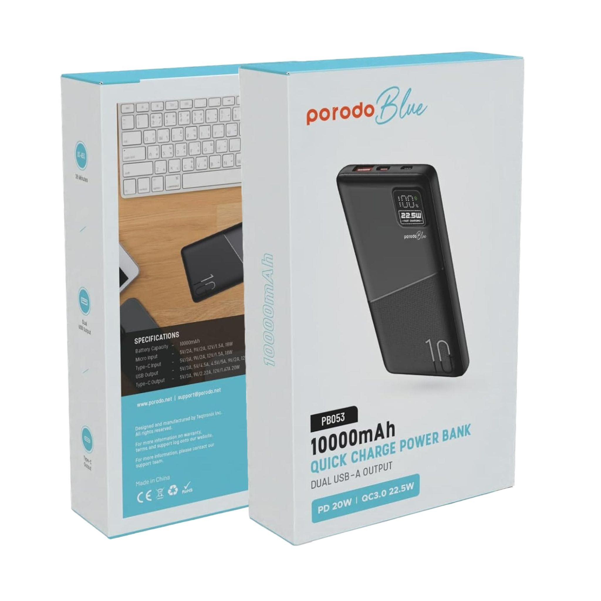 Porodo Blue Quick Charge Power Bank with USB-A & USB-C Outputs, 10000mAh Battery Capacity, Digital Display, 20W Power Delivery - Black