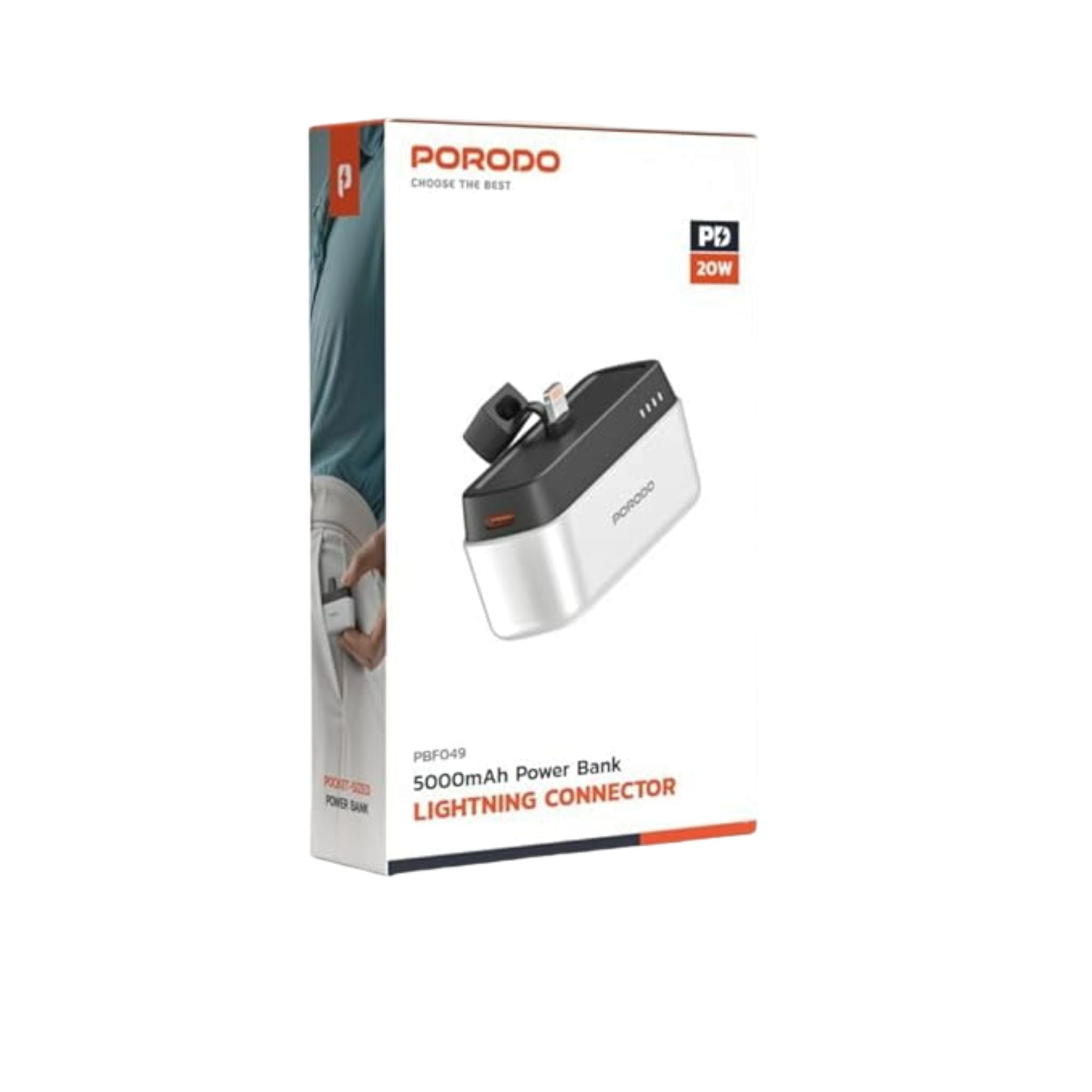 Porodo 5000mAh Power Bank with Lightning Connector, Power Delivery 20W, Small & Portable - White