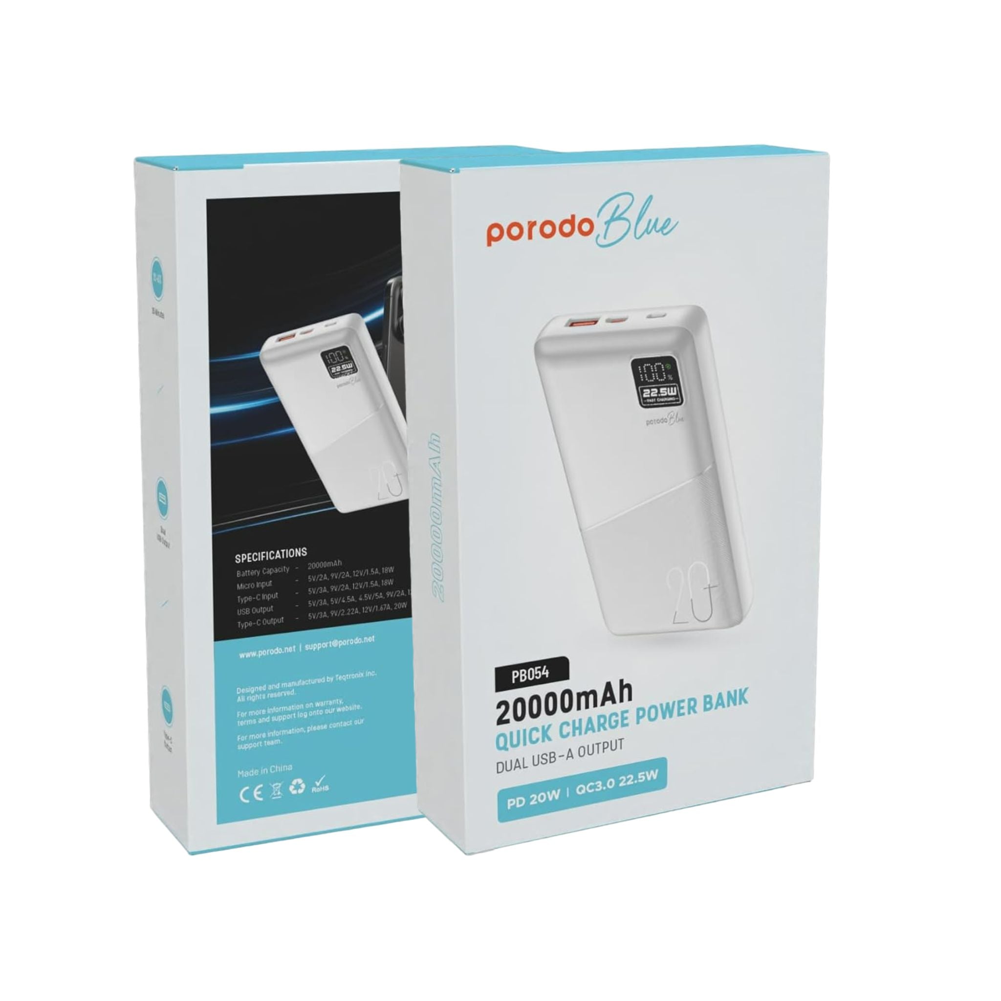 Porodo Blue Quick Charge Power Bank with USB-A & USB-C Outputs, 20000mAh Battery Capacity, Digital Display, 20W Power Delivery - White