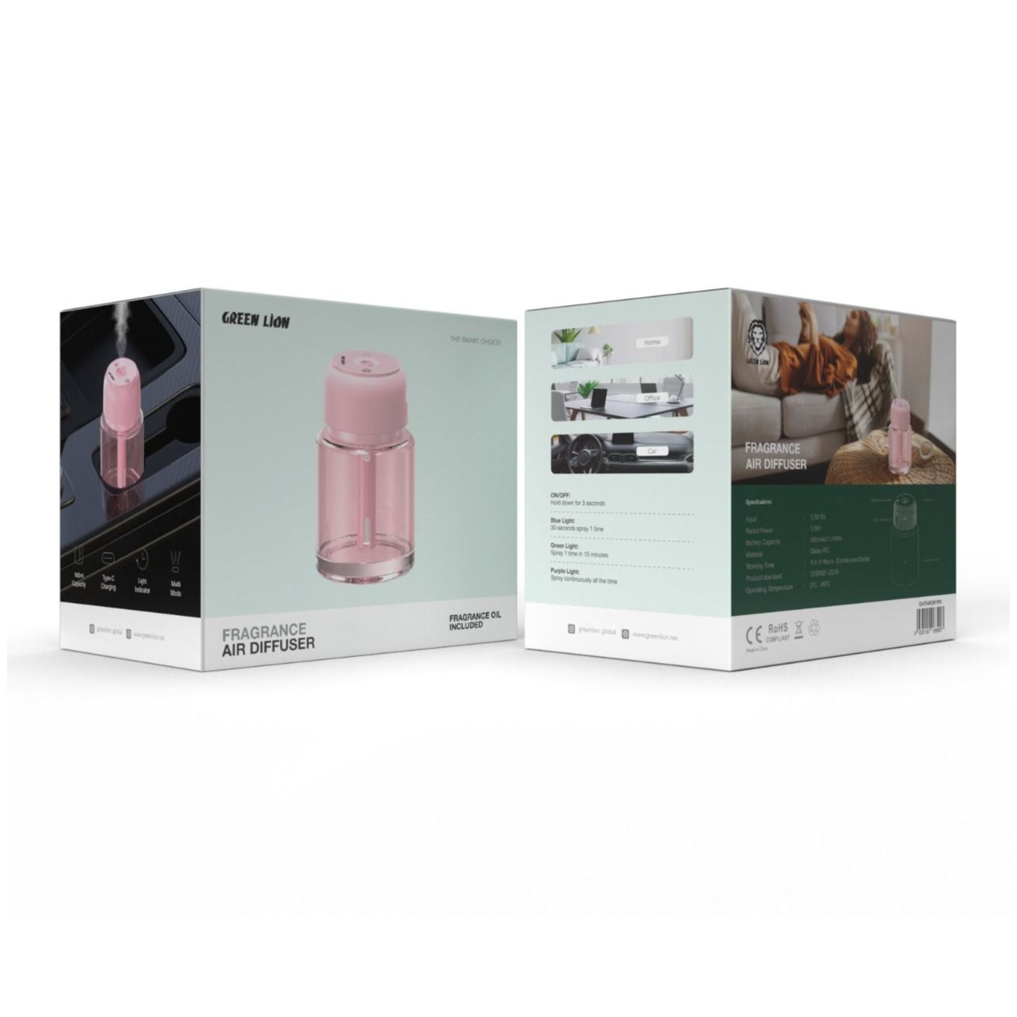 Green Lion Fragrance 160mL Air Diffuser with Light Indicator, 300mAh Battery, 4 to 5 Hours Working Time, Type-C Charging, Multi Mode - Pink