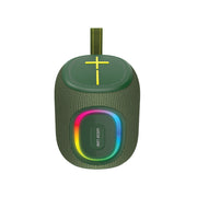 A green wireless speaker with a cross on the top and a colorful LED light ring around the bottom.