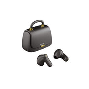 The image shows a pair of black true wireless earbuds alongside a black charging case with a gold accent.