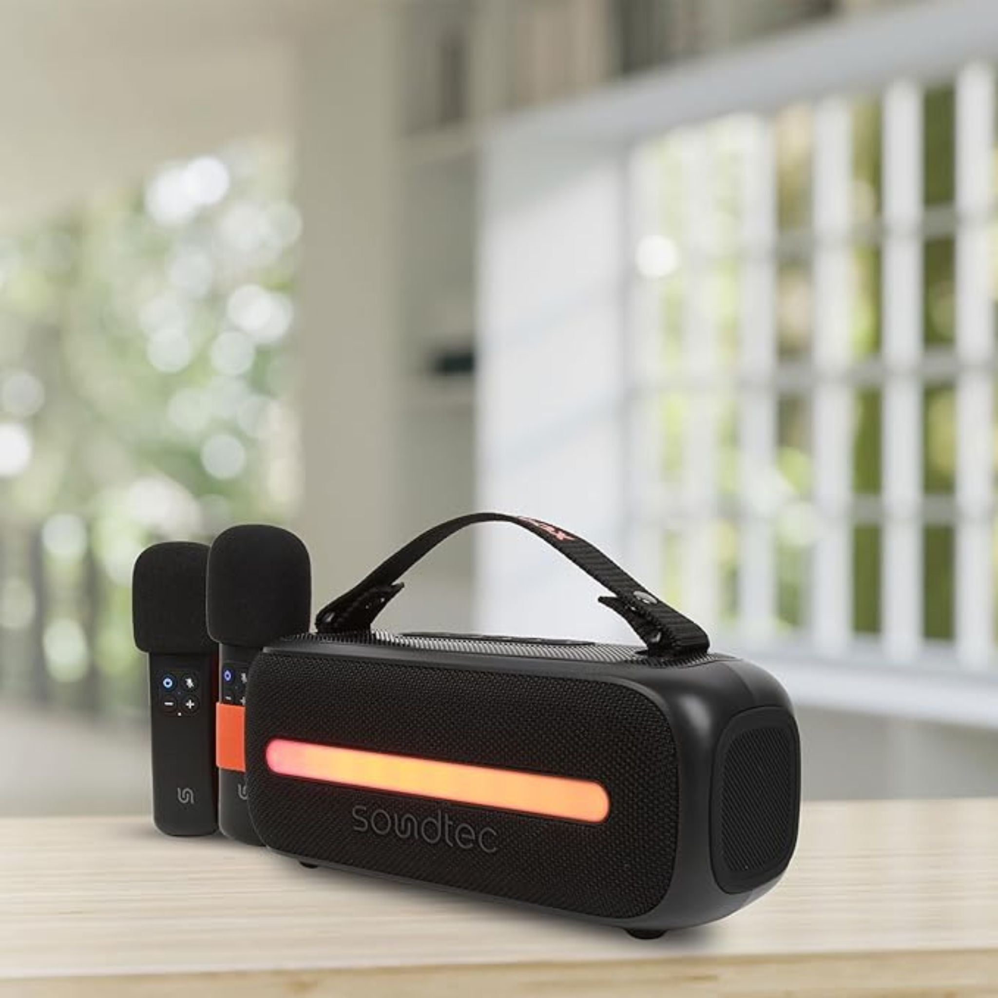 Porodo Soundtec 24W Bluetooth Speaker with Dual Wireless Microphone, Carrying Strap, Powerful Bass, FM Function, RGB Light - Black