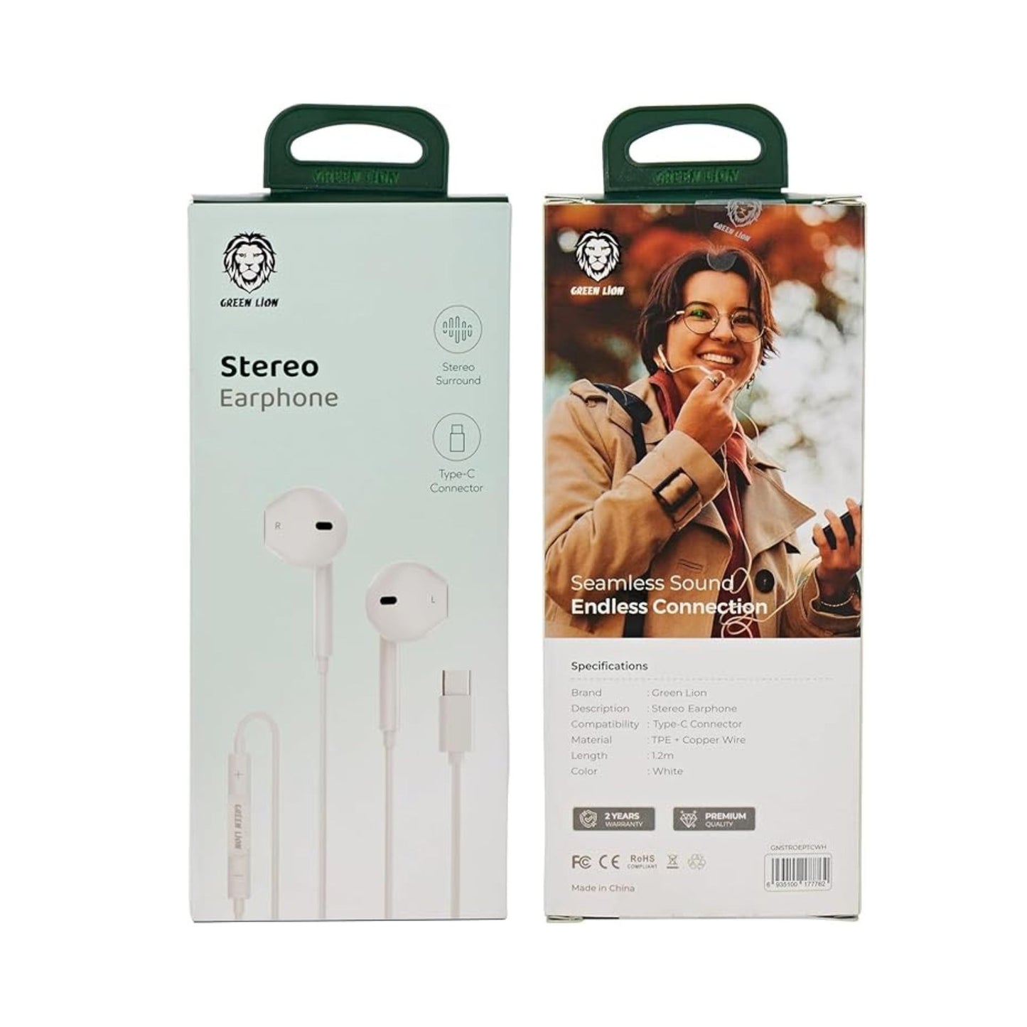 Green Lion Wired Stereo Earphones with Type-C Connector - White