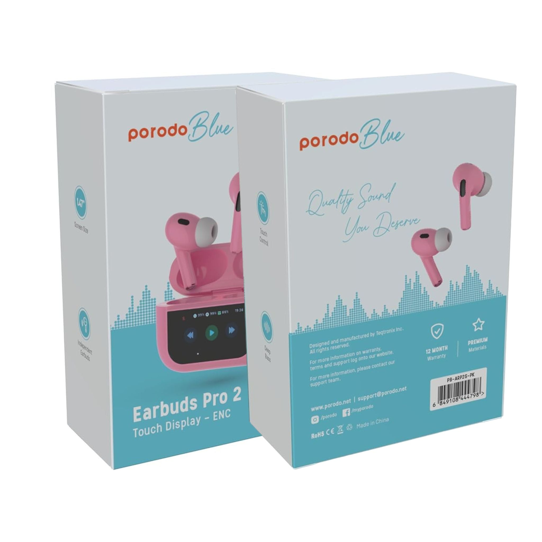 Porodo Blue AirPods Pro2 with Screen, Deep Bass, Touch Control, Camera Shutter, Music Playback, Call Management, 20 Hours Working Time, 1.47 inches Screen Size - Pink