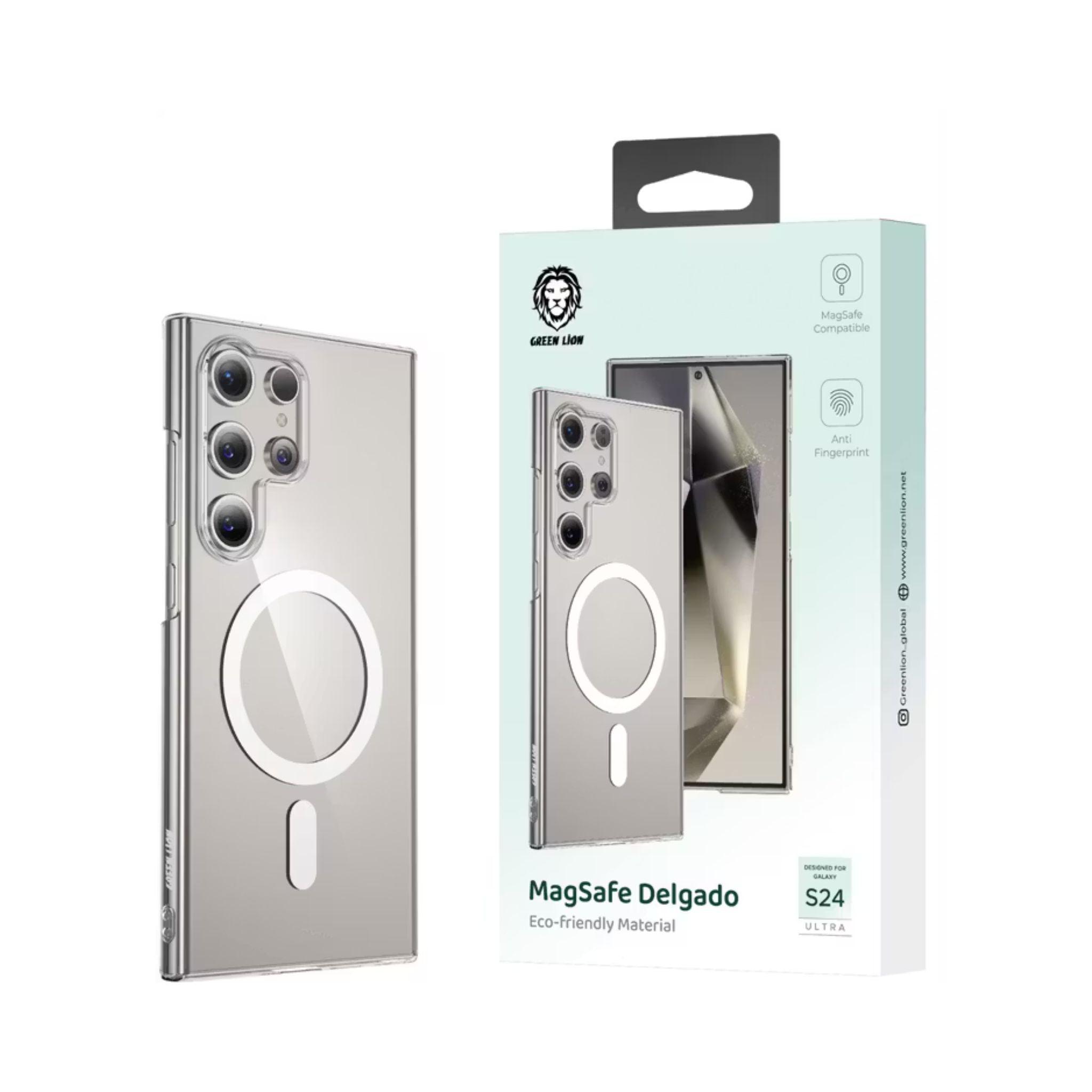 Phone case with MagSafe feature and packaging on a white background