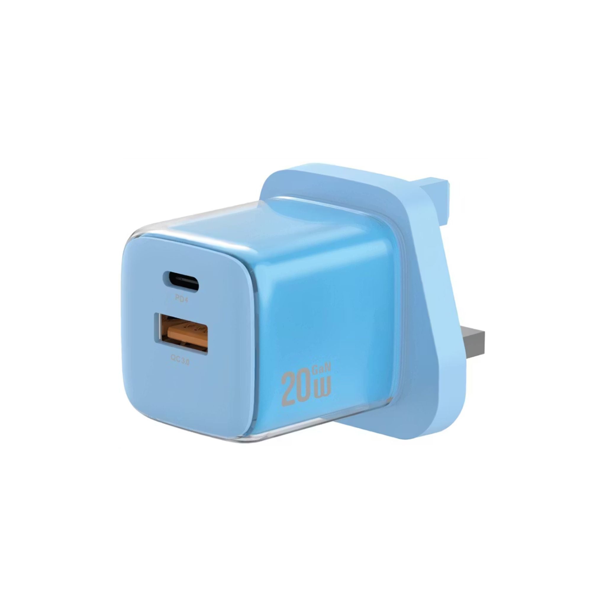 Blue USB charger with a white background